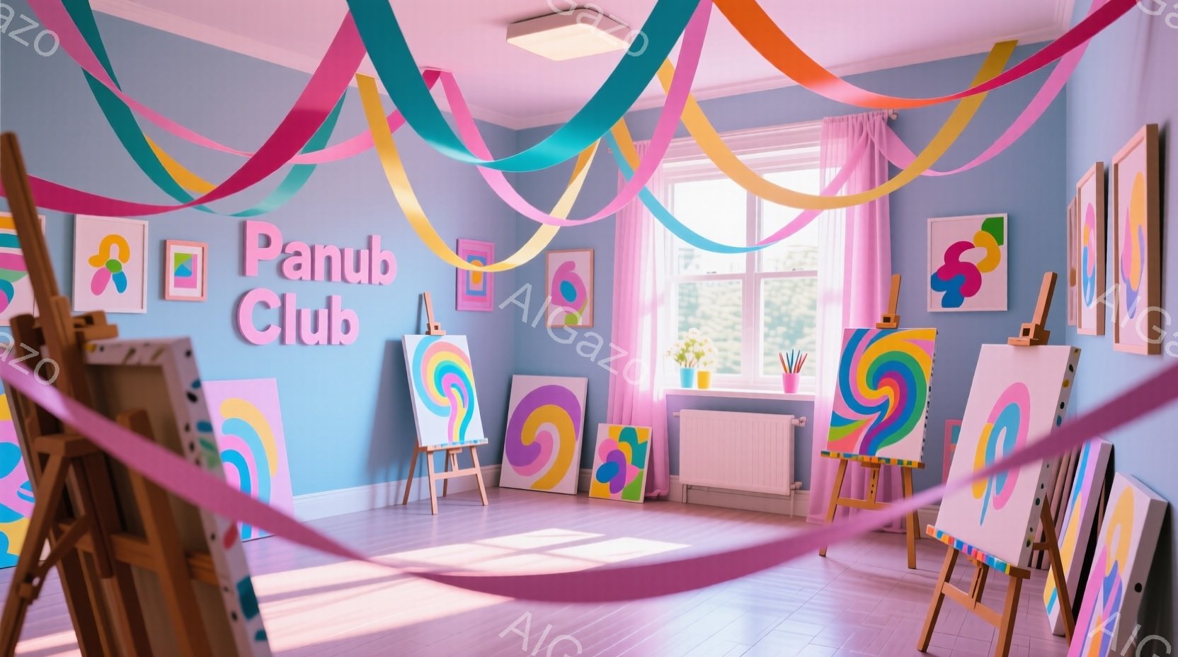 鮮やかな水色の壁に囲まれたアトリエのような部屋で、複数のイーゼルが並べられています。キャンバスには渦巻きや幾何学模様が描かれており、ピンク、青、緑、オレンジなどの明るい色が使われています。部屋には大きな窓があり、外には緑豊かな木々が見え、壁には「Panub Club」と書かれた看板が飾られています。