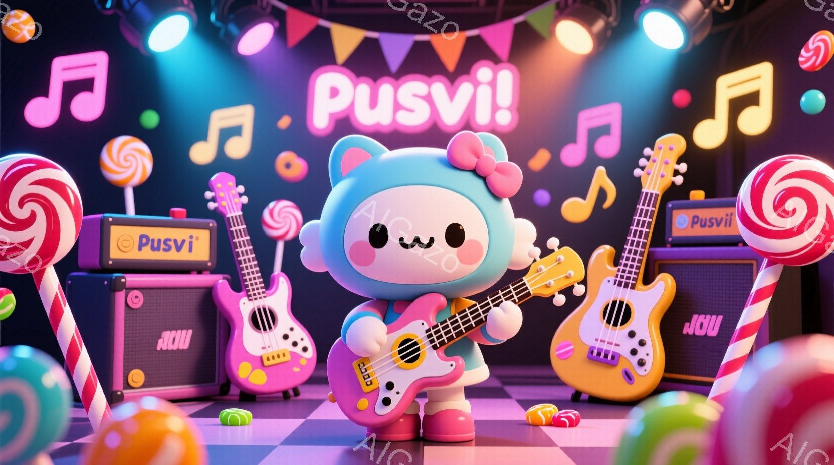 ピンク色の可愛らしいキャラクターが、ピンク色のベースギターを演奏しています。キャラクターは大きなリボン型のヘアアクセサリーを付けており、つぶらな瞳で無表情な顔をしています。背景にはカラフルなキャンディや音符、そして「IOU」と書かれたアンプとスピーカーが配置され、コンサート会場のような楽しい雰囲気が漂っています。