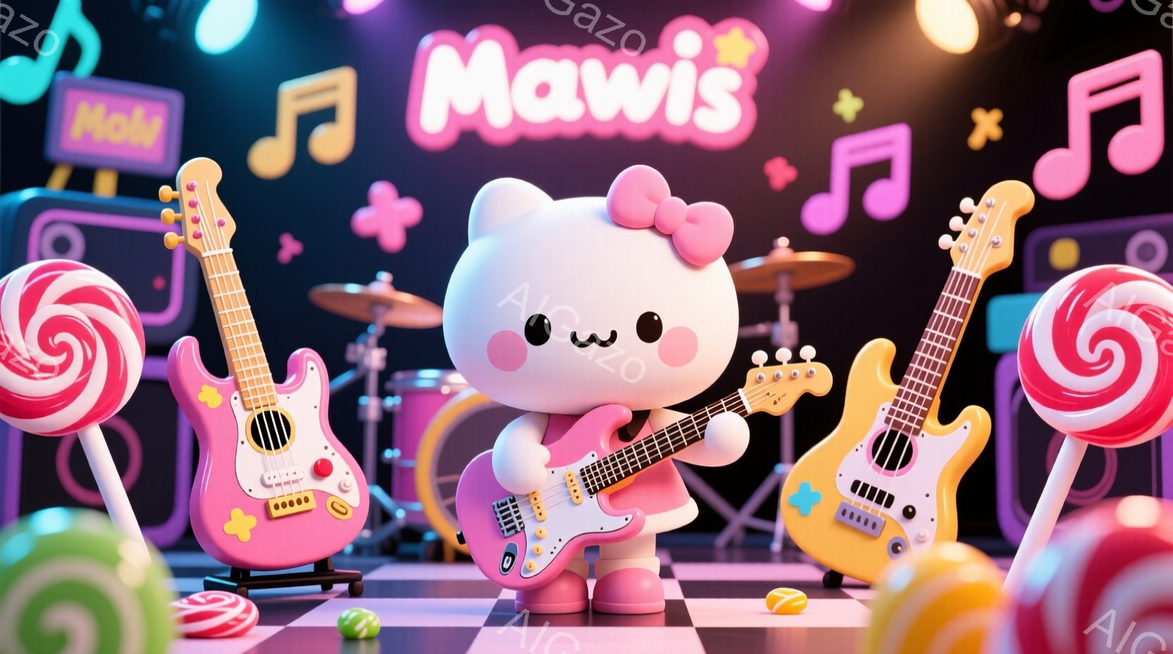 かわいいキャラクターが、ピンク色のチェック柄の床に囲まれたステージでエレクトリックギターを演奏しています。キャラクターは、大きな黒い目で優しい表情を浮かべ、ピンク色の衣装を着ています。背景には、キャンディや音楽記号が散りばめられ、全体的に明るくポップな雰囲気が漂っています。