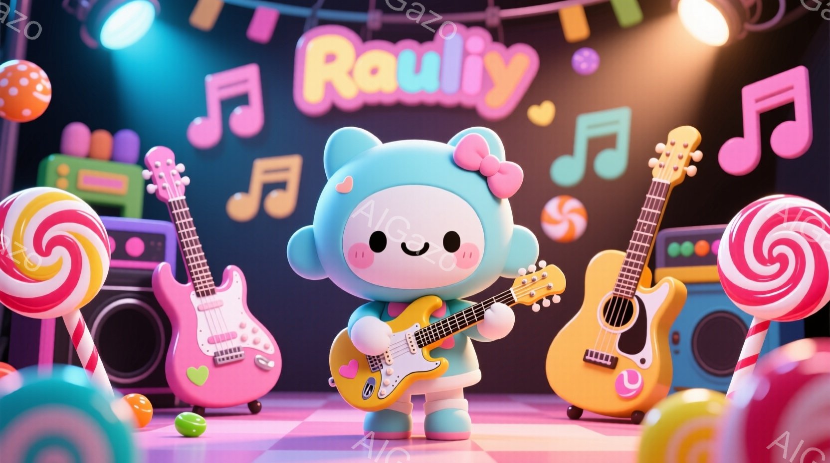 明るいピンクの背景に、水色のキャラクターが電気ギターを演奏しています。キャラクターは丸い体型で、大きな黒い目と笑顔を持ち、頭にはピンクの髪飾りをつけています。背景には、キャンディーやスピーカー、音楽記号が散りばめられ、楽しい雰囲気を作り出しています。