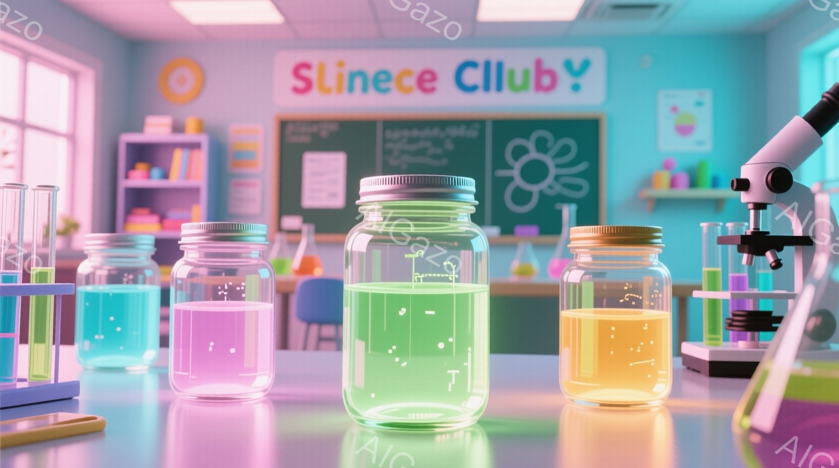 鮮やかな色彩の実験室の様子が描かれており、様々な色の液体が入った瓶が並べられています。背景には黒板があり、「Slinece Cllub」と書かれており、実験器具や棚が置かれています。全体的に明るく、活気のある雰囲気で、科学の楽しさを表現しているように見えます。