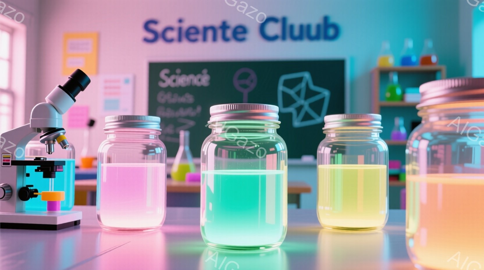実験室のような場所で、ピンク、水色、黄色に光る液体が入ったメイソンジャーが並べられています。背後には黒板があり、「Sciente Club」と書かれ、様々な実験器具や試験管が置かれています。全体的に明るく鮮やかな色使いで、科学への好奇心を刺激するような雰囲気です。