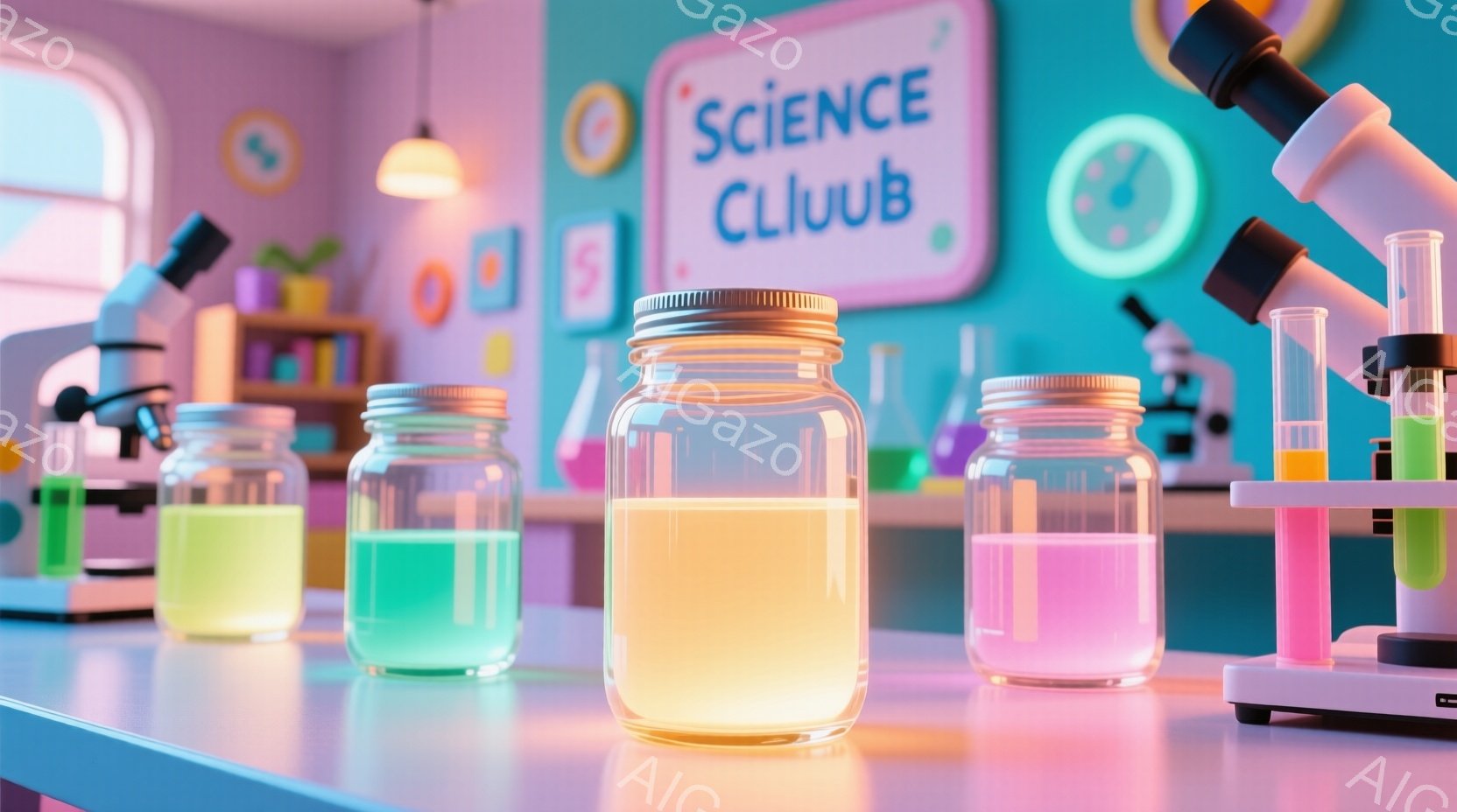 鮮やかなピンク色の壁を背景に、様々な色の液体が入った瓶が並べられています。実験器具や試験管なども見え、科学クラブの活動を連想させる空間です。全体的に明るく、遊び心のある雰囲気で、科学への興味を喚起するようなイメージです。