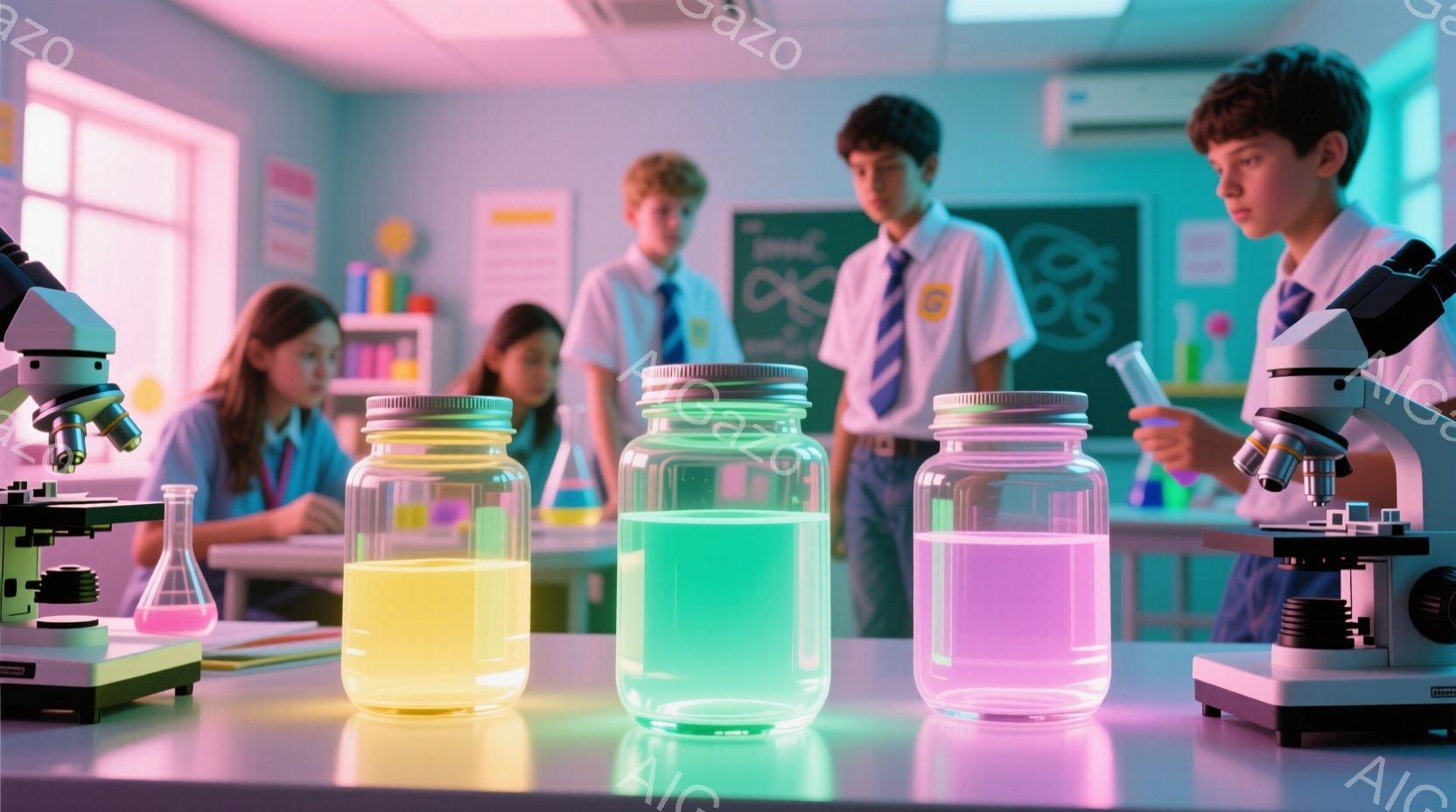 研究室のような場所で、制服を着た少年少女たちが立っている。彼らは皆、少し真剣な表情で、実験器具やカラフルな液体が入った瓶に注目しているようだ。背景には黒板があり、実験室の照明は鮮やかな色彩で照らされている。