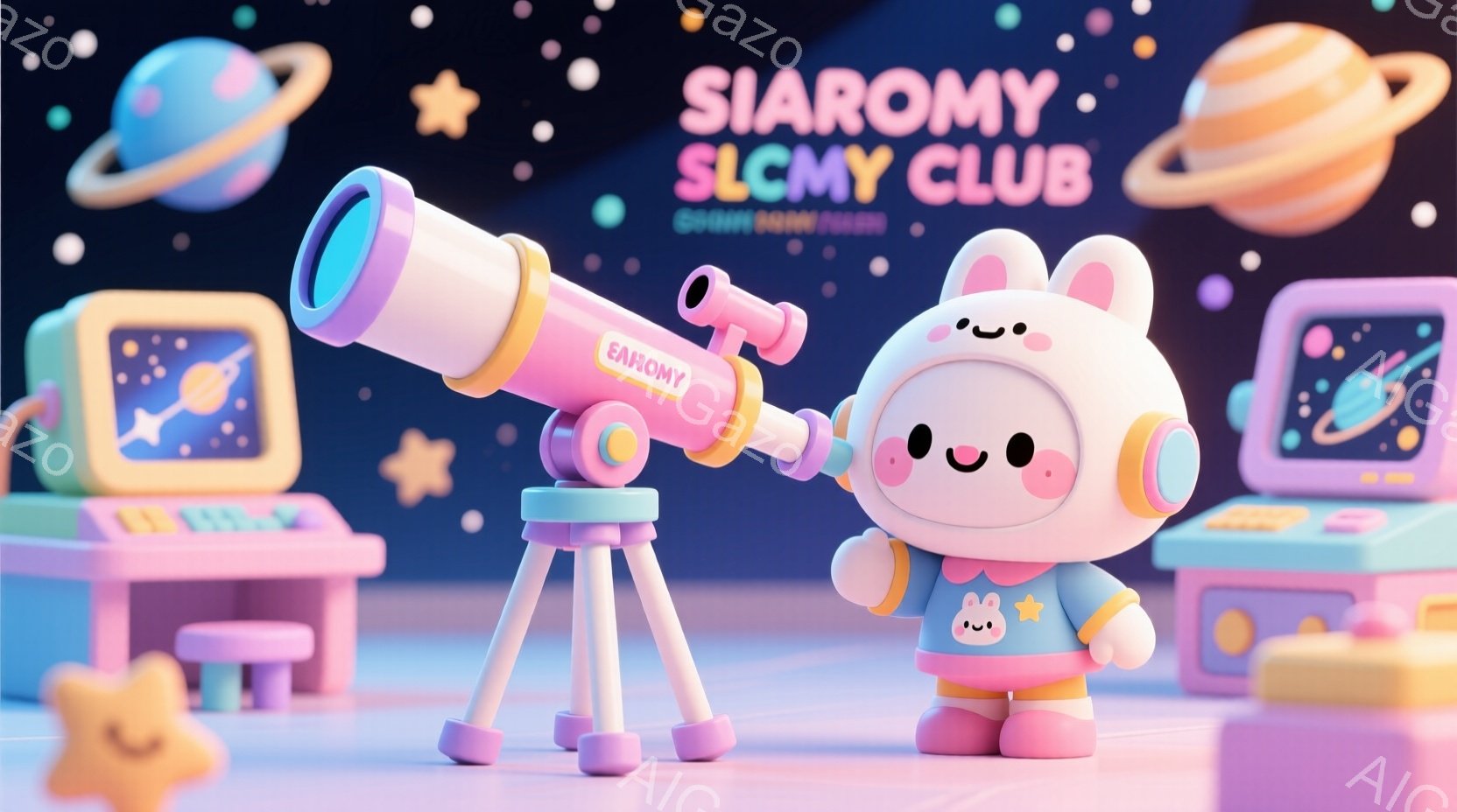 ふわふわしたピンク色のウサギのキャラクターが、ピンク色の望遠鏡を覗き込んでいます。キャラクターは、頭に同じくピンク色の帽子をかぶり、白い顔に可愛らしい表情を浮かべています。背景には、惑星や星が散りばめ - AI生成フリー素材