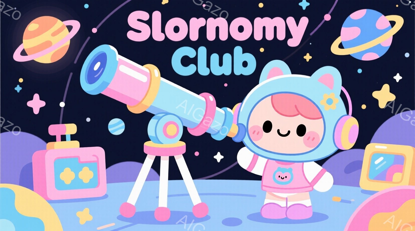 幼い宇宙飛行士がピンク色の三脚に設置された望遠鏡を覗き込んでいます。ピンクと白の宇宙服に、可愛らしい耳付きのヘルメットを被り、ほほえましい表情を浮かべています。背景にはパステルカラーの丘、惑星、そして星々が散りばめられており、夢見がちな可愛らしい雰囲気を醸し出しています。
