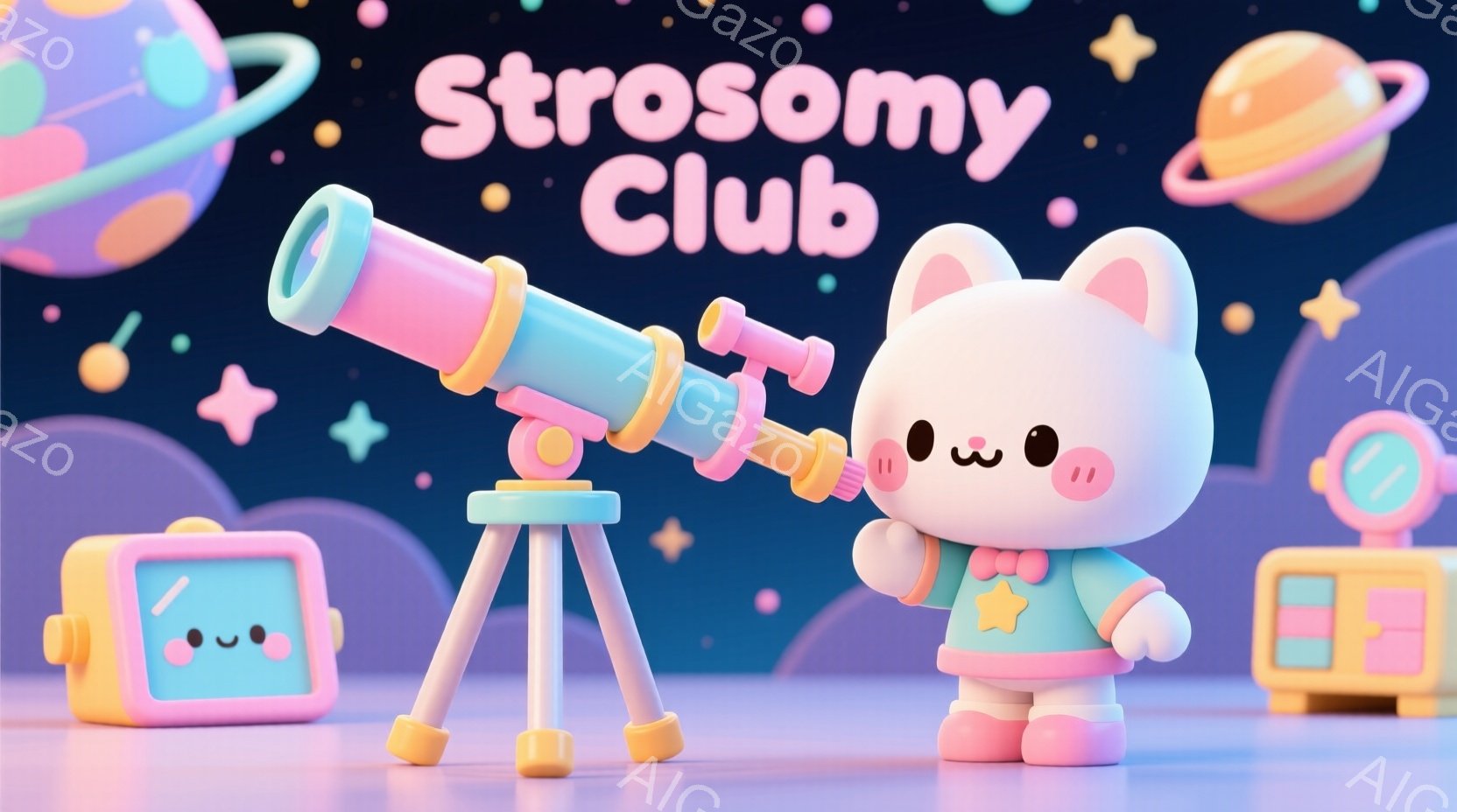 白いウサギのキャラクターが、ピンク色の天体望遠鏡の前に立っている。ピンク色のオーバーオールを着ており、星形のバッジをつけている。背景はパステルカラーの宇宙空間で、惑星や星が散りばめられており、可愛らし - AI生成フリー素材