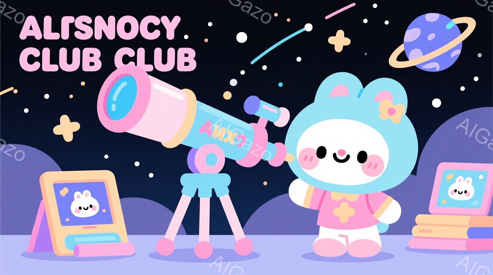 ピンク色の背景に、可愛らしいウサギのキャラクターが望遠鏡の前に立っています。ウサギはピンクと赤のオーバーオールを着ており、つむじに小さな角のようなものがあり、笑顔で楽しそうな表情をしています。望遠鏡の - AI生成フリー素材