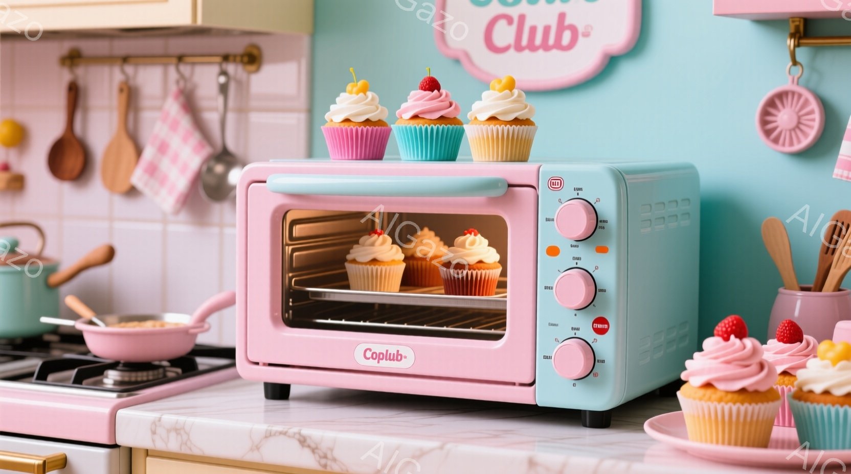 薄いピンクと水色のレトロなトースターが写っており、中にはカラフルなカップケーキが並んでいる。背景はパステルカラーのキッチンで、調理器具や鍋が配置されており、全体的に甘くて可愛らしい雰囲気が漂っている。 - AI生成フリー素材