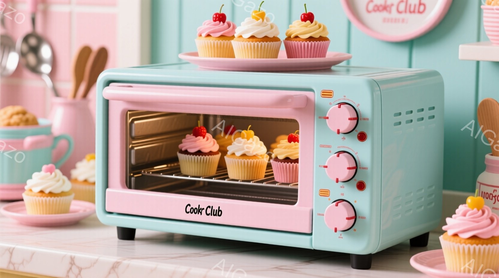 明るいパステルブルーのトースターが写っており、中には色とりどりのクリームとチェリーが飾られたカップケーキが並んでいます。トースターの側面には、操作用の丸いノブが3つ付いており、「Cook Club」という文字が前面に書かれています。背景には、クリーム色の容器に入ったカップケーキや、ピンク色のラベルの瓶がぼやけて写り、全体的に甘くて可愛らしい雰囲気が漂っています。