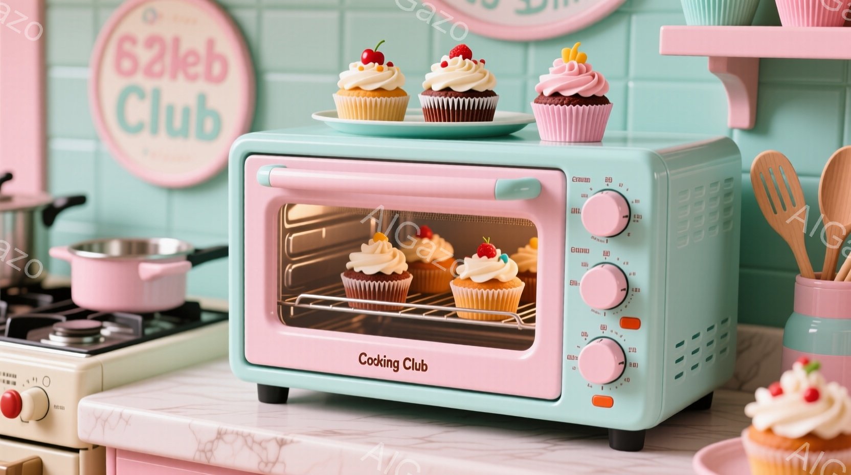 明るいミントグリーンとピンクのトースターが、クリームとチェリーで飾られたカップケーキを焼いている様子が写っています。背景には、淡いピンク色の調理台、クリーム色のガスレンジ、そして「Cooking Club」と書かれた円形の看板が見え、パステルカラーが基調とした可愛らしいキッチンを表現しています。全体的に暖かく、ほのぼのとした雰囲気が漂い、お菓子作りを楽しむ心温まる一幕を切り取った写真です。