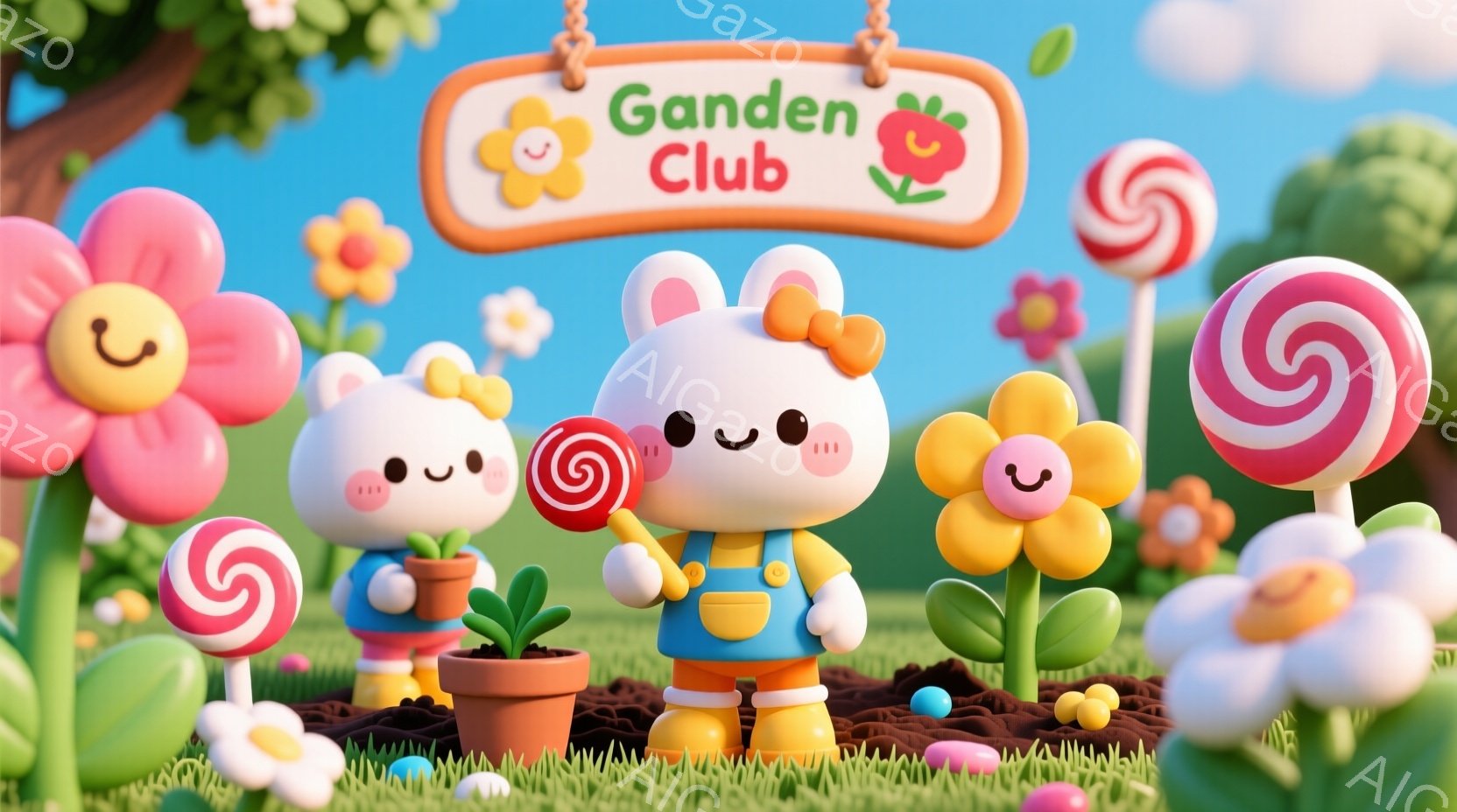 かわいいウサギのキャラクターが、キャンディと小さな植木鉢を持って立っています。ウサギはオレンジ色のオーバーオールと黄色のシャツを着ており、頭にはピンクのリボンが付いています。背景にはカラフルな花々が咲き乱れ、可愛らしい「Garden Club」の看板がぶら下がっており、全体的に明るく陽気な雰囲気が漂っています。
