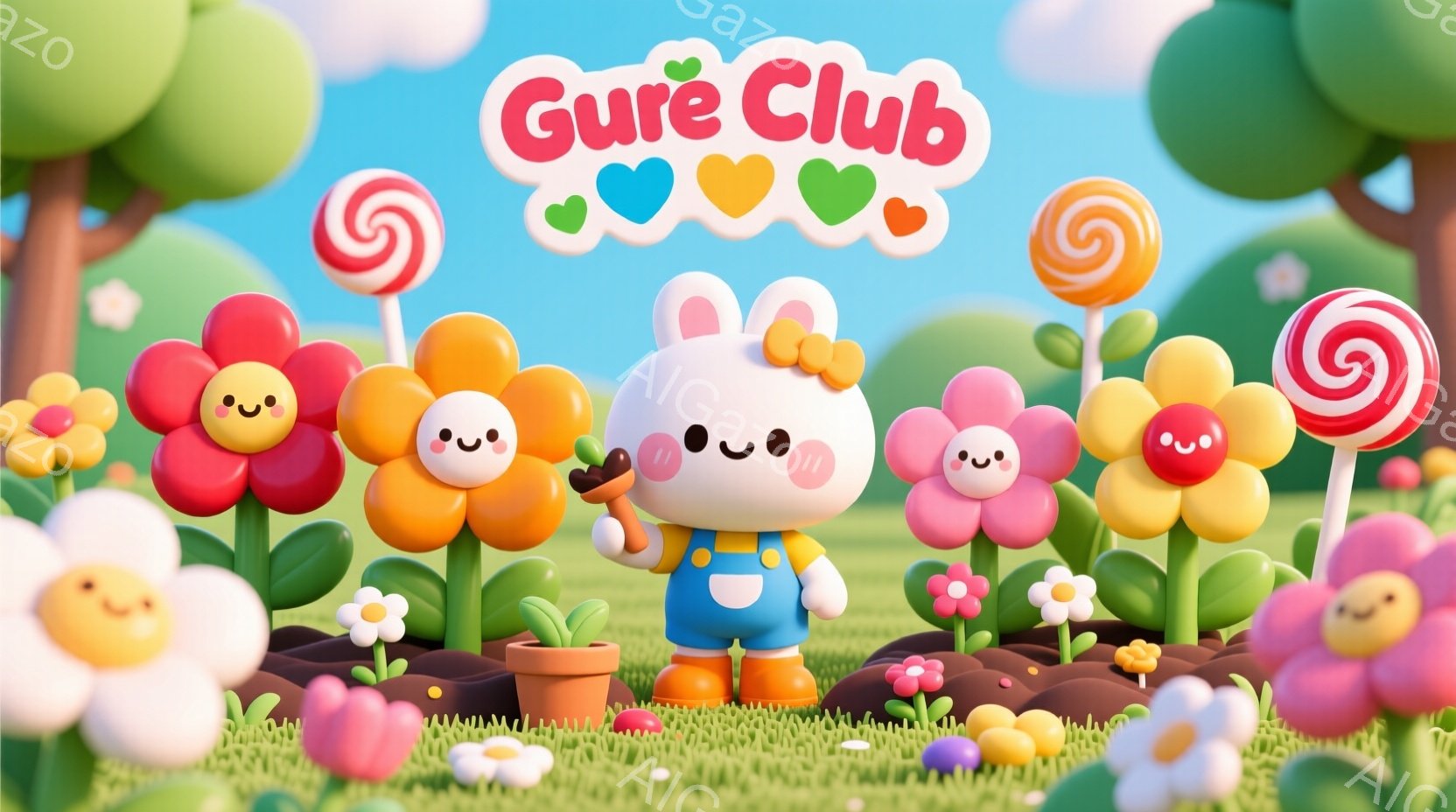 明るい緑の草地の庭で、オーバーオールを着たオレンジ色のキャラクターが土を植えています。顔は丸く、可愛らしい表情をしており、頭には赤いリボンをつけています。背景には、カラフルな花やキャンディ、丸い木々が - AI生成フリー素材