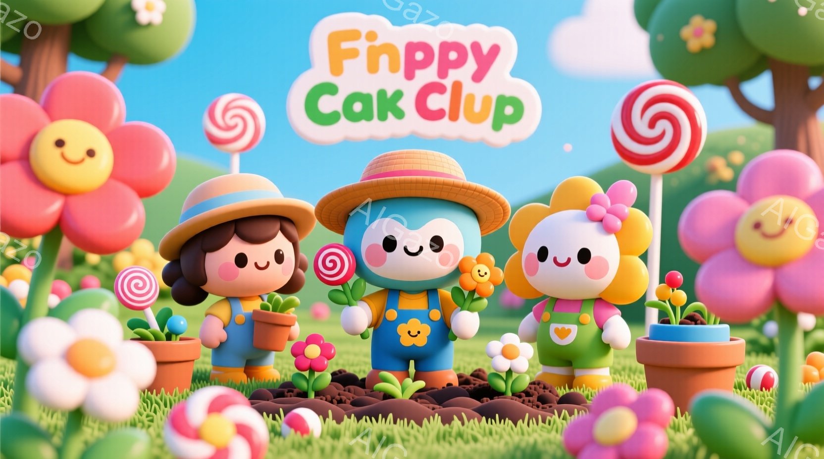 明るい緑の芝生の上に、可愛らしいキャラクターたちが並んでいます。それぞれ異なる色の帽子と服を着ており、笑顔で何かを育てているようです。背景にはカラフルな花やキャンディーのような装飾があり、まるで夢のようなガーデンです。