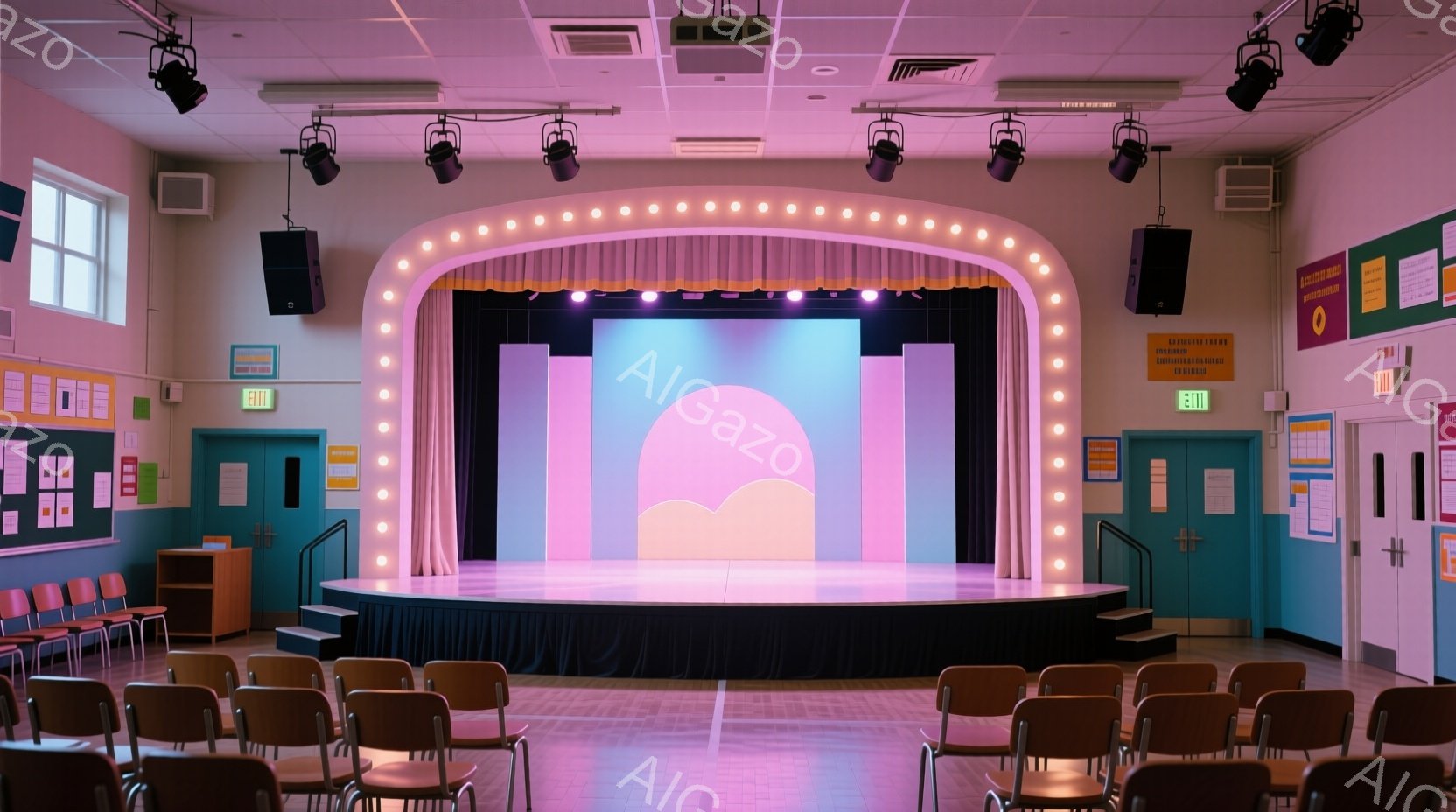 学校の舞台の内部を示しています。舞台は円形で、ピンクと紫の色調で装飾され、多くの照明が設置されています。観客席には椅子が並んでおり、壁にはポスターが貼られています。