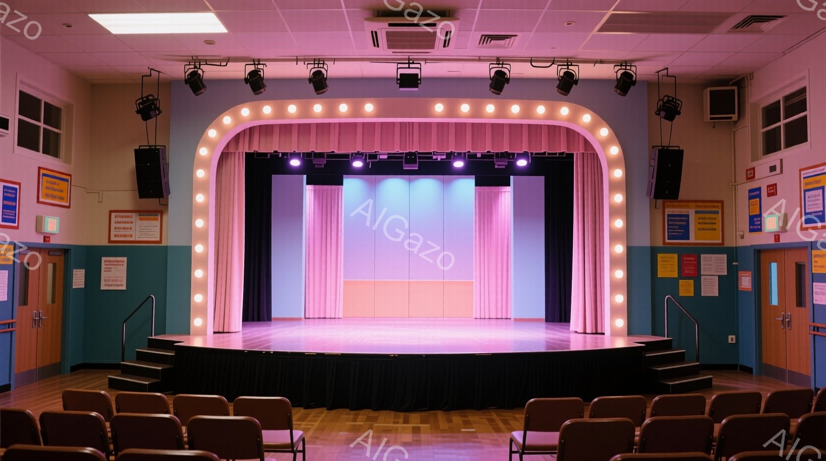 広々とした学校の講堂の画像です。ステージは薄いピンクと紫色のカーテンで飾られ、周りを明るい電球が囲んでいます。座席は茶色の椅子が並び、壁には避難経路を示すポスターが貼られています。