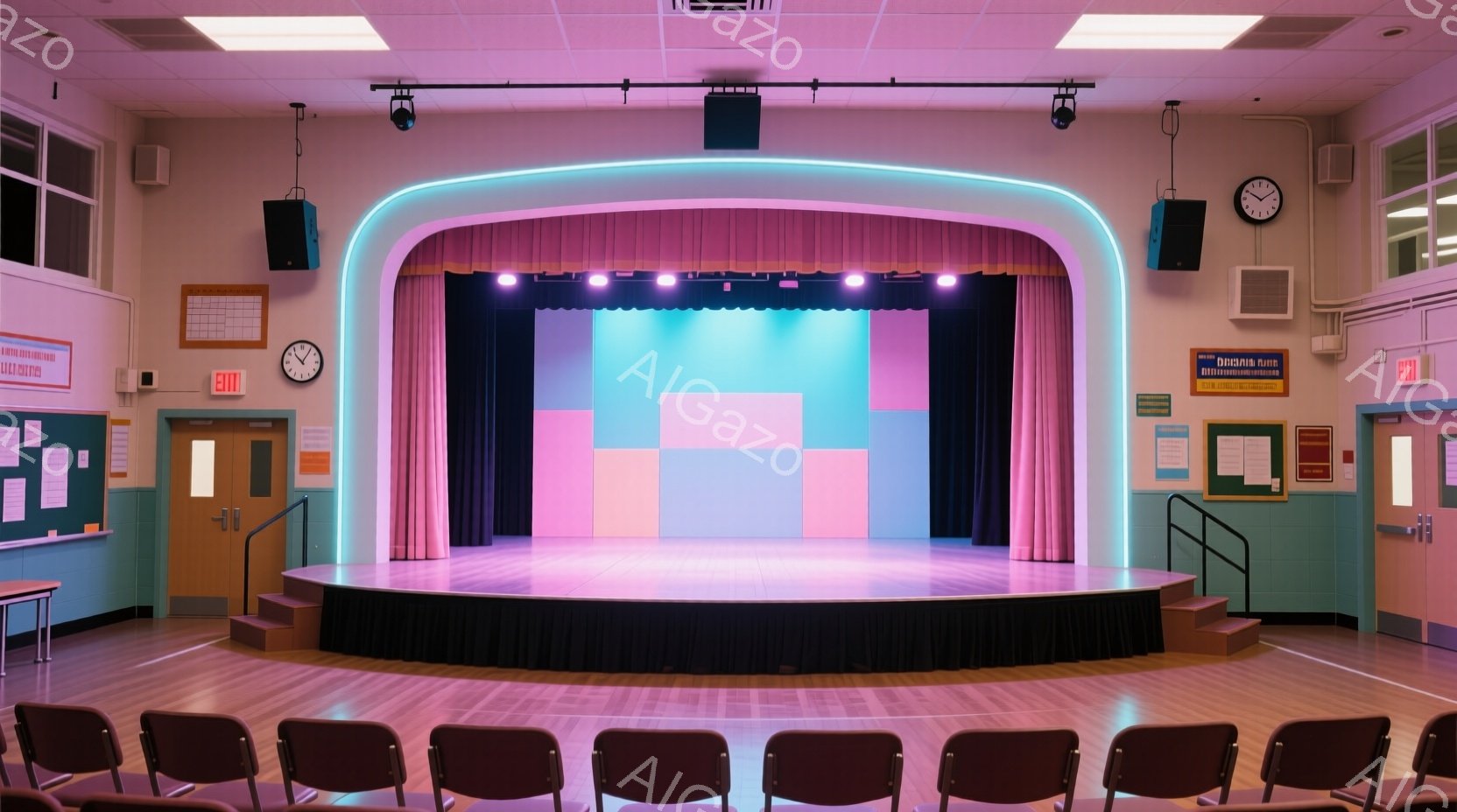学校の舞台が写っており、背景はパステルカラーの正方形が並んだ壁で、ネオンブルーとピンクの照明が当たっています。黒いカーテンで囲まれた円形のステージには、誰もいませんが、前に整然と並んだ椅子が置かれています。壁には掲示板があり、時計も設置されており、全体的に静かで落ち着いた雰囲気が漂っています。