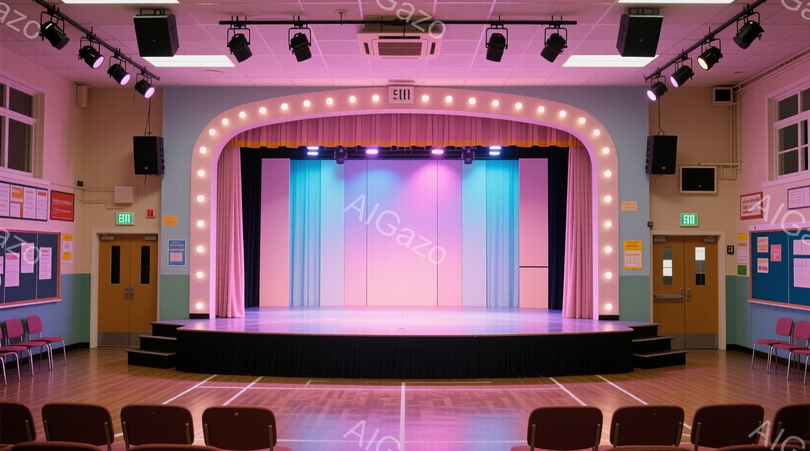 学校の講堂の画像です。ステージはピンクと紫色の照明で照らされており、赤いカーテンが背景にあります。客席には赤い椅子が並び、壁には掲示板が設置され、非常口の表示が確認できます。