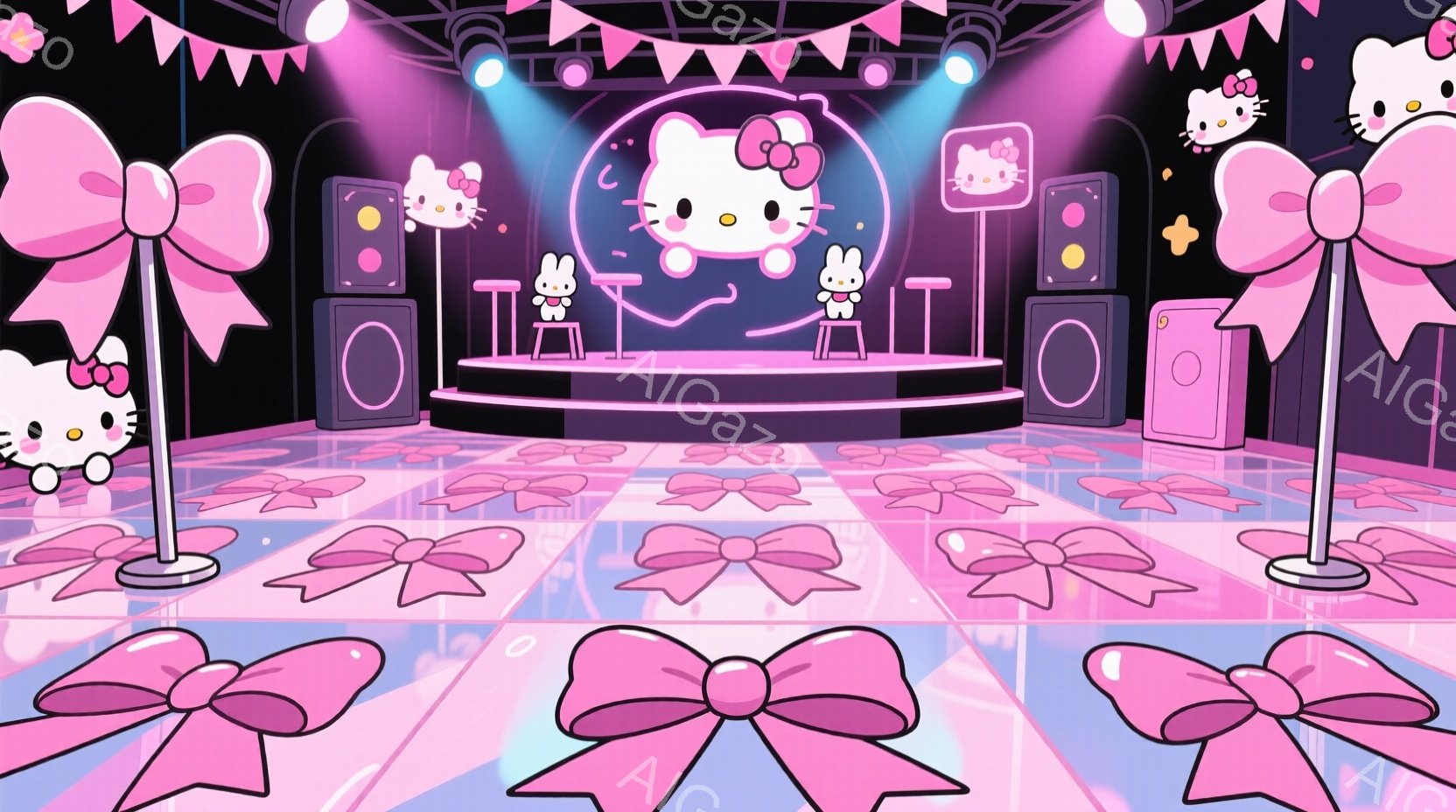 キティちゃんがステージで演奏している様子が描かれています。ピンク色の背景に、ステージ上にはキティちゃんのバンドがおり、観客席にはキティちゃんのキャラクターが散りばめられています。会場全体は華やかで可愛らしい雰囲気で、ピンクと紫色の照明が幻想的な空間を作り出しています。