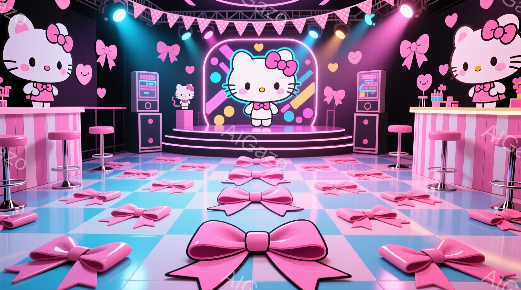 キティちゃんがステージ中央に立っており、ピンク色のリボンと水玉模様の服を着ています。背景にはピンクと黒のストライプの壁と、たくさんのリボンが散りばめられた床があり、まるでパーティー会場のようです。全体的に明るく可愛らしい雰囲気で、お祝いムードが漂っています。