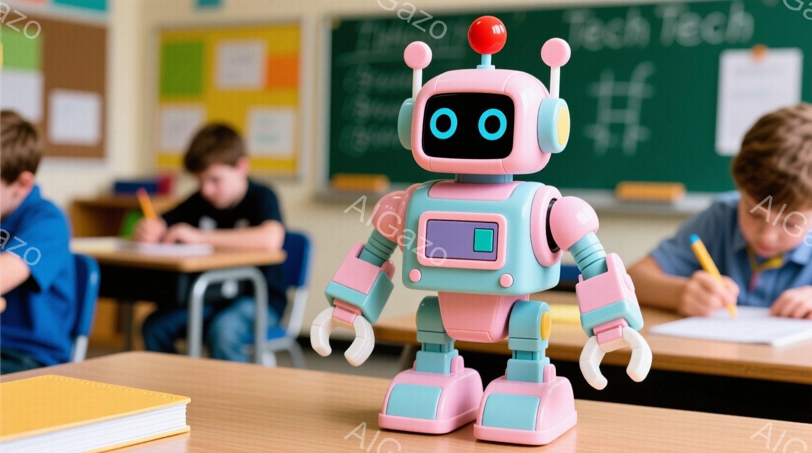 ピンク色のロボットが教室の前に立っており、大きな目とアンテナが特徴的です。背景には、鉛筆で何かを書いている生徒たちが座っており、教室の黒板には「Tech」という文字が書かれています。全体的に、未来的な - AI生成フリー素材