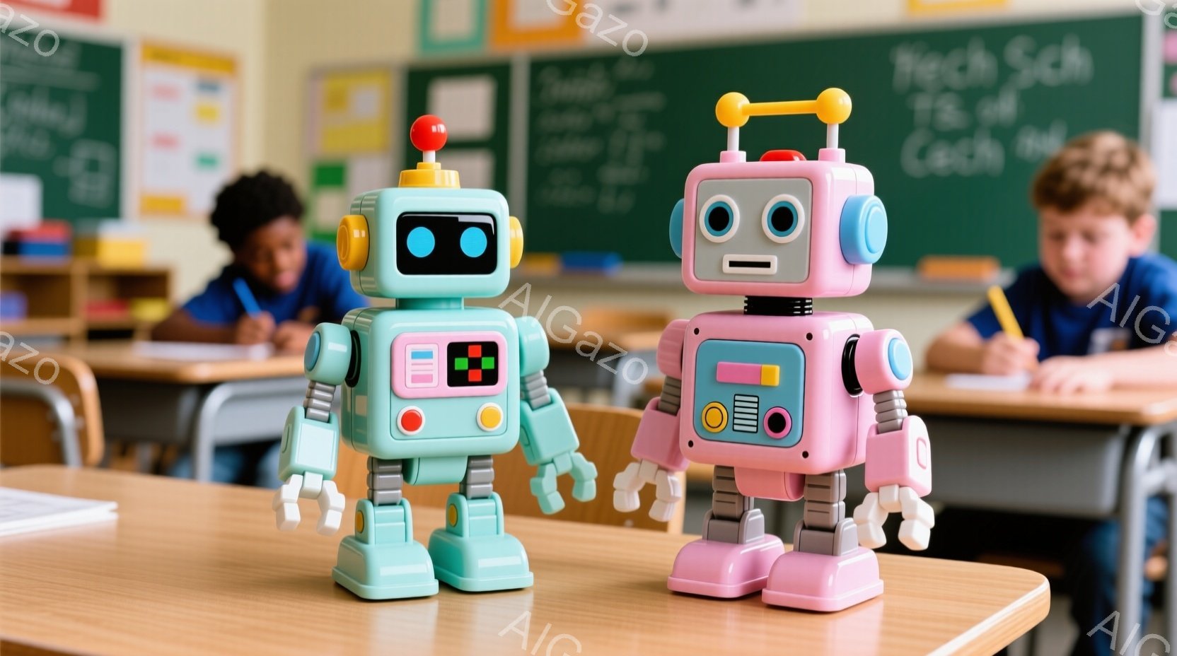 机の上に水色とピンクのロボットが並んで立っている。背景には教室があり、生徒たちが授業を受けている様子が見える。全体的に明るく、楽しげな雰囲気で、教育的な場面を連想させる。 - AI生成フリー素材