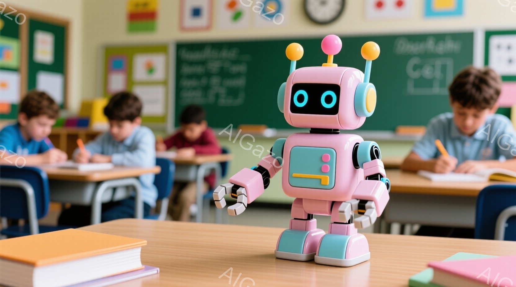 ピンク色のロボットが教室の机の上に立っており、まるで授業に参加しているかのような構えを見せています。背景には、青いシャツを着た生徒たちが机に向かって何かを書き込んでいる様子がぼやけて見えます。教室にはカラフルな学習教材が飾られており、明るく活気のある雰囲気です。
