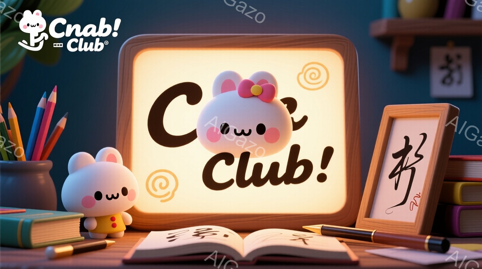 白くてふわふわしたキャラクターが、ピンク色の帽子と花飾りをつけて立っています。背景には開いた本、色鉛筆、筆、そして書道風の掛軸があり、学習や創造性を促す雰囲気です。全体的に、明るく、遊び心のある、創造 - AI生成フリー素材