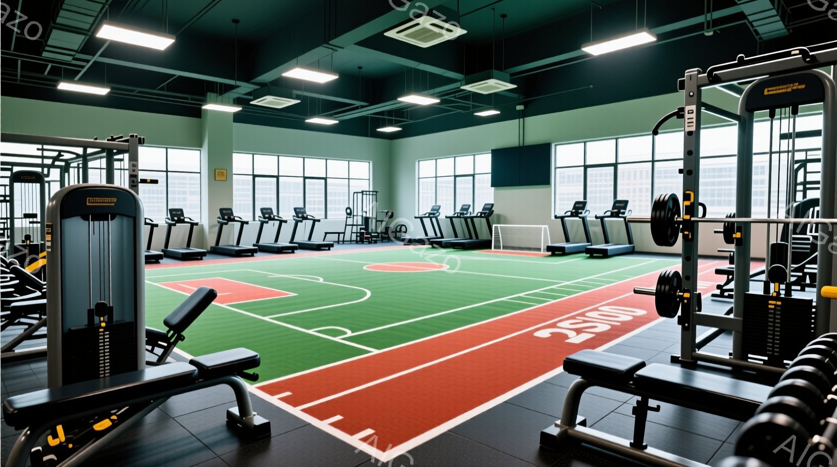 広々としたジムの内部で、緑と赤のラインが特徴的なトラックが敷かれている床が印象的です。様々なトレーニングマシンが整然と配置されており、ダンベルやバーベル、ランニングマシンなどが確認できます。全体的に清潔感があり、集中してトレーニングできるような、活気のある雰囲気を感じさせます。
