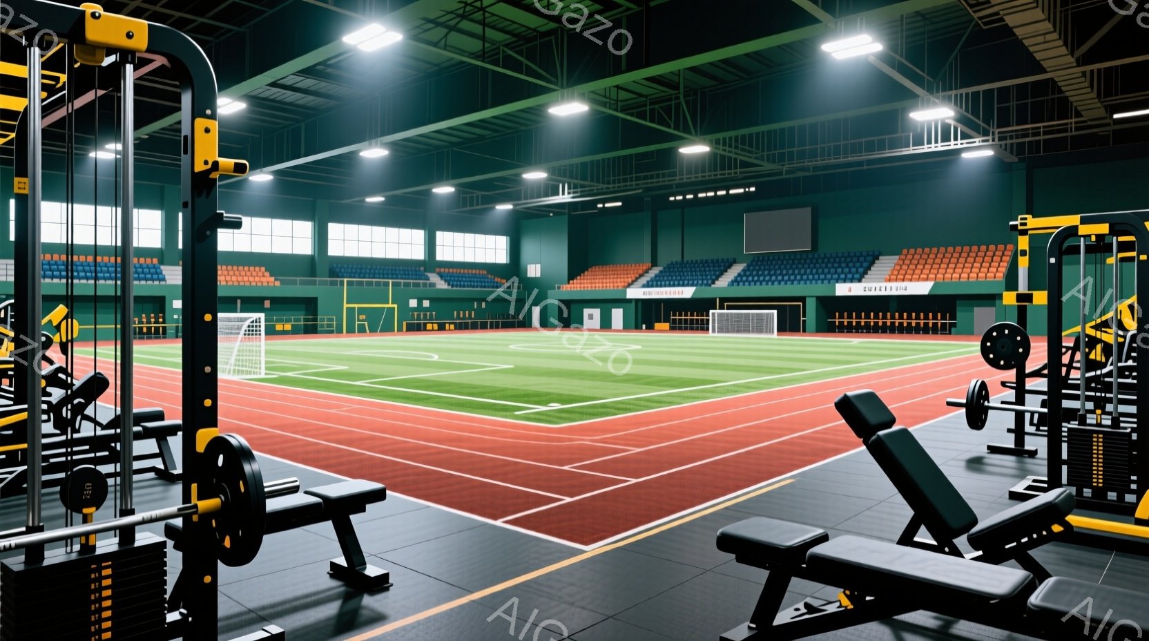 広々とした体育館の内部で、緑色の人工芝のフィールドと赤い陸上トラックが広がっている。観客席はオレンジ色と青色で色分けされ、天井には明るい照明が設置されている。トレーニング器具が所々に配置され、本格的な - AI生成フリー素材