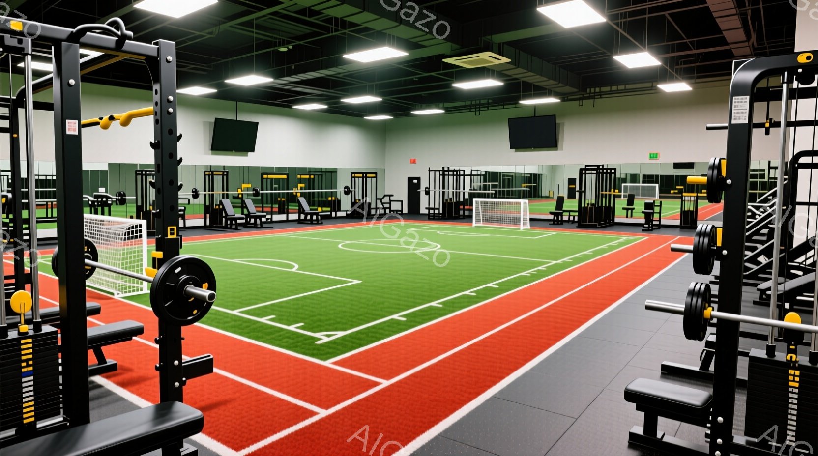 人工芝のサッカー場を模したジムの内部です。赤と白のラインが引かれた芝生の中央には、ウェイトトレーニング用の器具が配置され、壁一面に鏡が設置されています。天井には照明が明るく、全体的に清潔でモダンな雰囲気です。