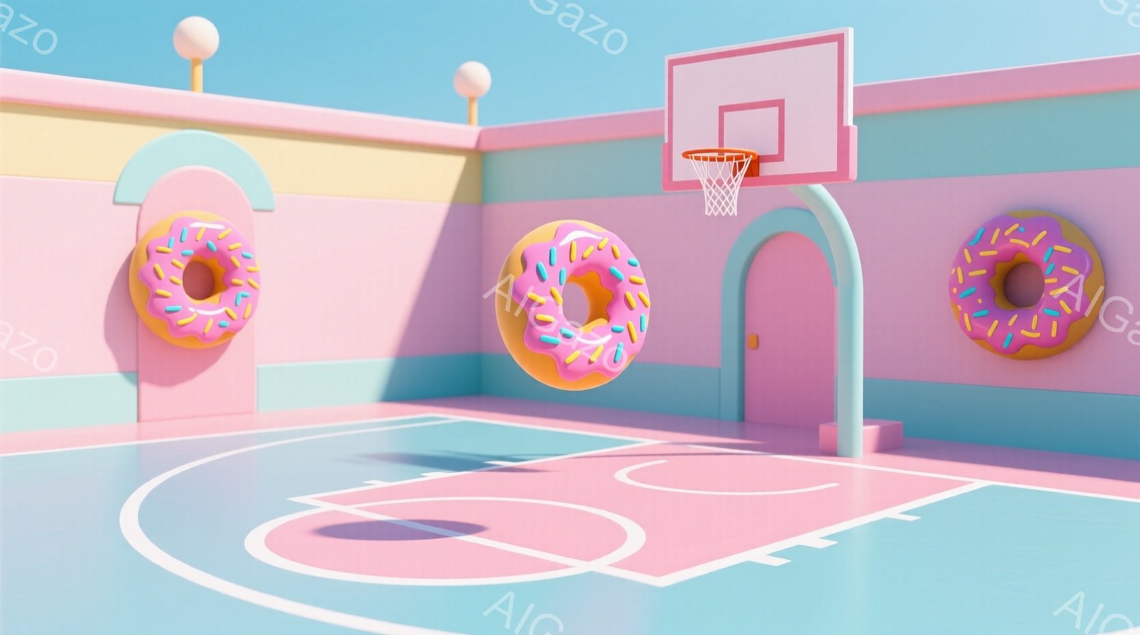 鮮やかなピンクと水色の背景に、バスケットボールコートが描かれています。コートにはピンク色のラインが引かれ、壁にはアーチ型の開口部とドーナツ型の装飾が配置され、全体的にポップで遊び心のある雰囲気です。ド - AI生成フリー素材