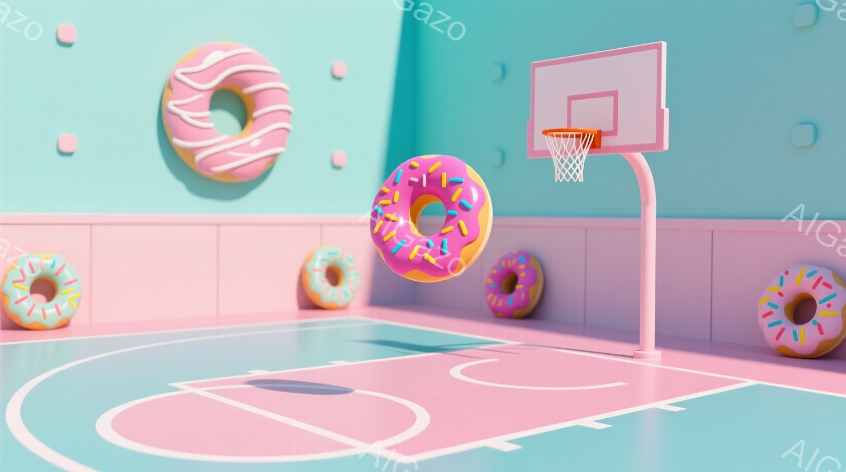 明るいピンクのバスケットボールコートの中に、様々な色のドーナツが浮かび、または転がっています。背景はパステルピンクの壁と床で、全体的にポップでカラフルな雰囲気です。ドーナツとバスケットボールゴールの組み合わせが、遊び心溢れる空間を作り出しています。