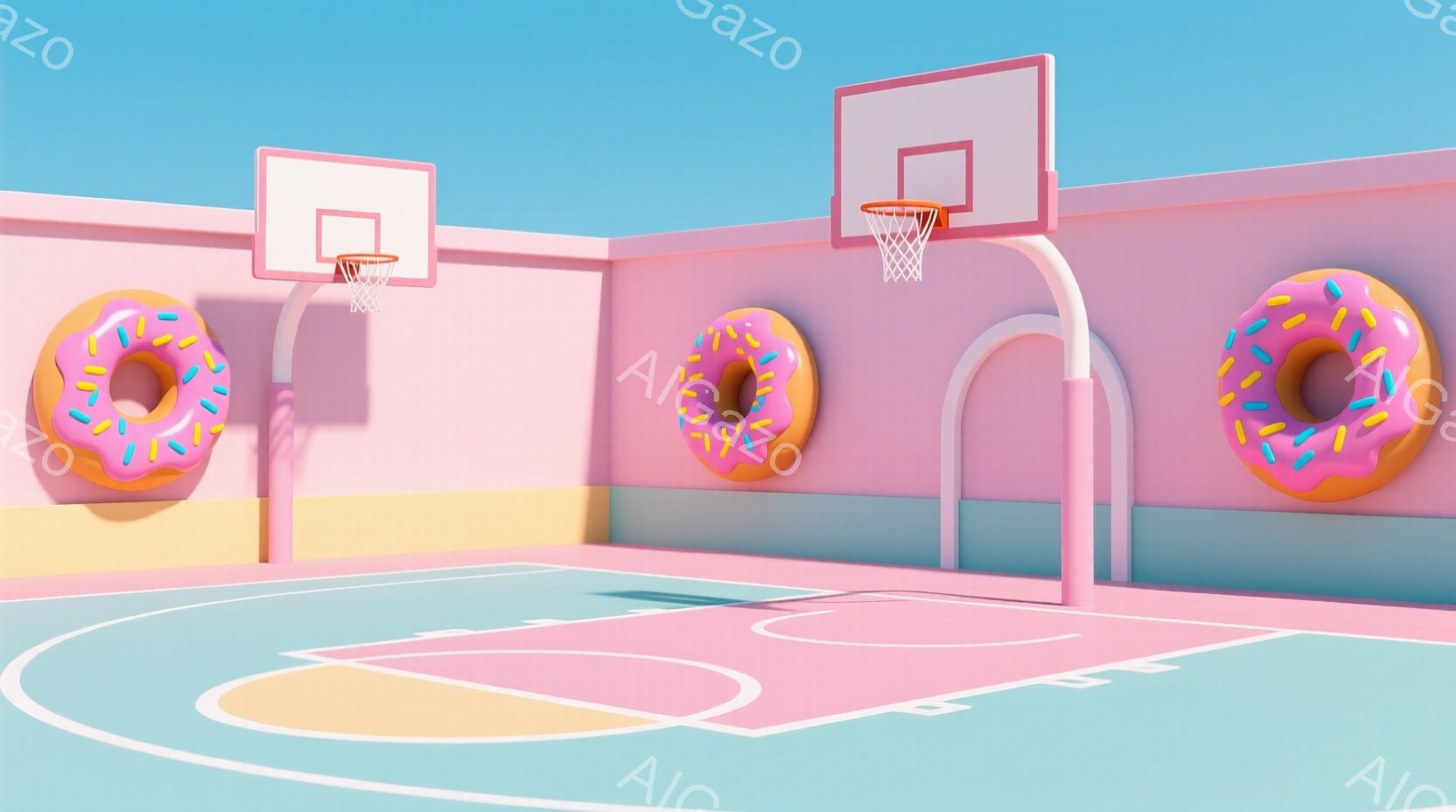 ピンク色のバスケットボールコートに、巨大なドーナツが3つ浮かんでいます。コートは鮮やかなピンクと水色で構成され、ドーナツはピンク色のアイシングとカラフルなスプリンクルで飾られています。全体的にポップで - AI生成フリー素材