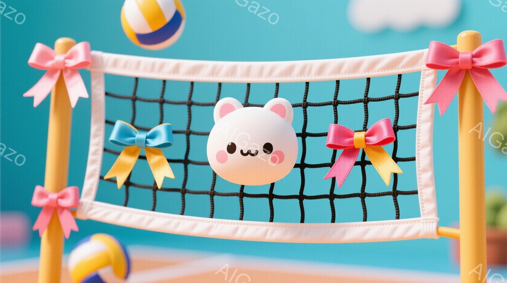明るい青色の背景に、バレーボールネットが張られており、そのネットの中央には、ピンク色の頬とつぶらな瞳を持つ白いクマの顔が浮かんでいます。ネットの支柱には、可愛らしいピンクと黄色のリボンが飾られており、背景にはバレーボールとふわふわとした雲が見えます。全体的に、明るく、遊び心のある、陽気な雰囲気が漂っています。