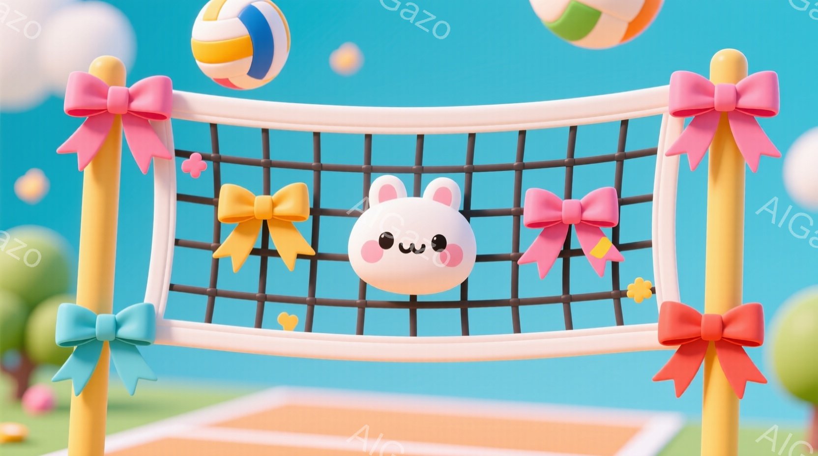 バレーボールネットの前に浮かぶ可愛らしいウサギの顔を描いています。ネットの柱にはピンクと水色のリボンが飾られており、背景には緑の草と黄色いボールが散りばめられています。全体的にパステルカラーで統一され、明るく楽しい雰囲気を醸し出しています。
