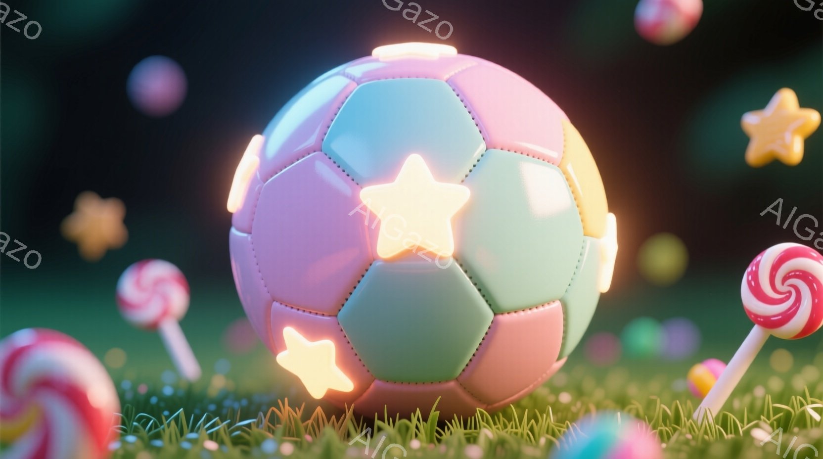 鮮やかな緑色の草の上に、パステルカラーのサッカーボールが浮かんでいます。ボールの表面には星形の模様が描かれ、周囲にはキャンディや星が散りばめられており、夢のような雰囲気を醸し出しています。背景は暗くぼやけており、キャンディや星が光り輝くことで、ファンタジーな世界観が強調されています。
