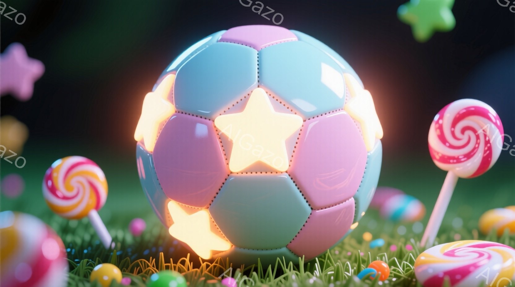 ピンクと水色のパステルカラーのサッカーボールが、草の上に置かれたキャンディに囲まれて中央に浮かび上がっている。ボールの各パネルは星形で発光しており、柔らかく夢のような雰囲気を醸し出している。背景には、ぼやけた緑の草と、星形の光が散りばめられており、ファンタジー的な空間を連想させる。