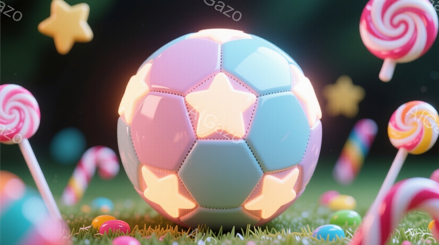 明るい緑の芝生の上に、ピンクと水色のサッカーボールが置かれています。ボールには黄色い星型の模様が描かれており、周囲にはカラフルなキャンディーやゼリービーンズが散らばっています。背景はぼやけていますが、全体的にファンタジーで遊び心のある雰囲気が漂っています。
