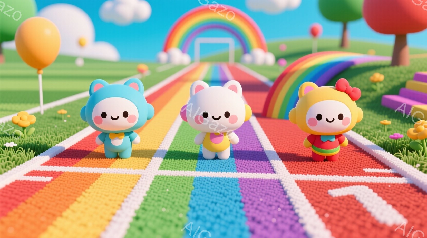 明るい色彩で構成された牧歌的な風景の中に、3体の可愛らしいキャラクターが並んでいます。それぞれ青、白、ピンクのオーバーオールを着ており、頭には小さな耳がついています。背景には虹、カラフルな線路、花々が - AI生成フリー素材