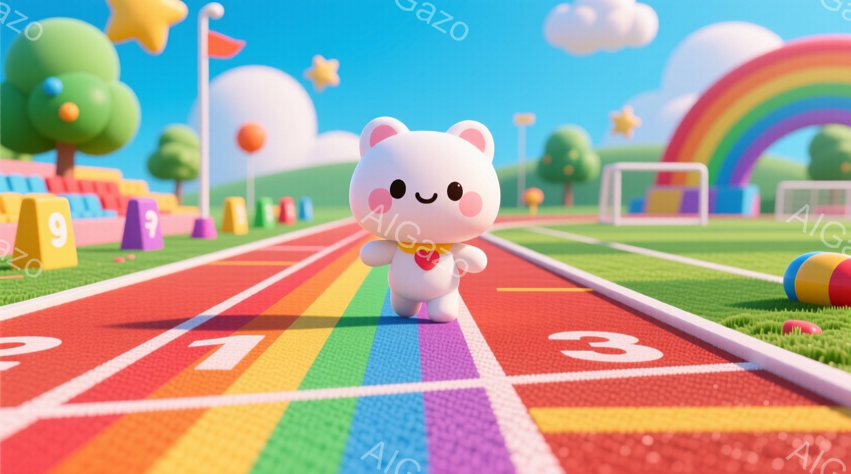白くてふわふわしたクマのキャラクターが、虹色のレーンを中央に向かって歩いている。クマは赤いハートのペンダントをつけており、顔はシンプルで可愛らしい表情をしている。背景には、カラフルな建物、緑の芝生、晴れた空、そして遠くには虹が見え、全体的に明るく、おとぎ話のような雰囲気である。