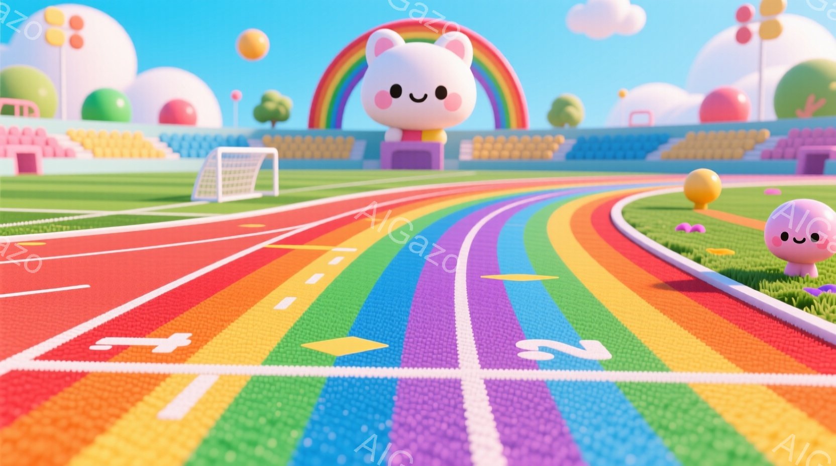 カラフルな陸上競技場が描かれており、トラックは虹色に彩られています。背景には、可愛らしい丸い建物や木々、そして雲が浮かぶ青空が広がっており、全体的に夢のような、陽気な雰囲気を醸し出しています。地面には数字の「1」と「2」が表示されており、競技が始まる直前の様子を想像させます。