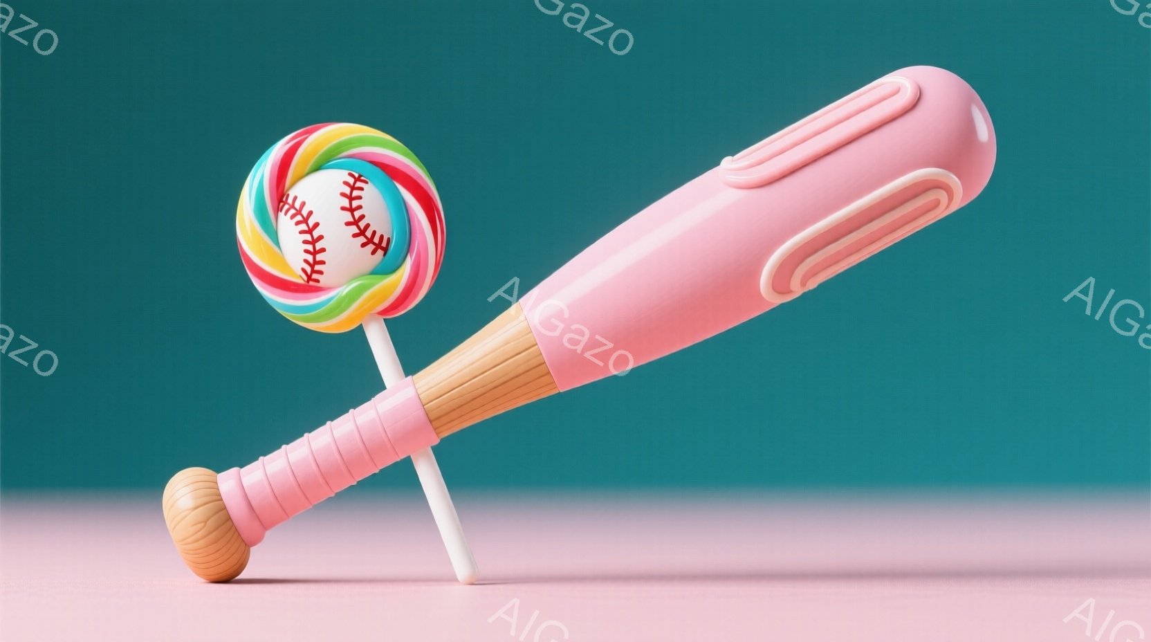 鮮やかなターコイズブルーの背景に、キャンディと野球バットが並んでいる。キャンディは虹色で、野球バットはピンク色と木目調のハンドルが特徴的だ。全体的に明るくポップな雰囲気で、遊び心を感じさせる構成となっ - AI生成フリー素材