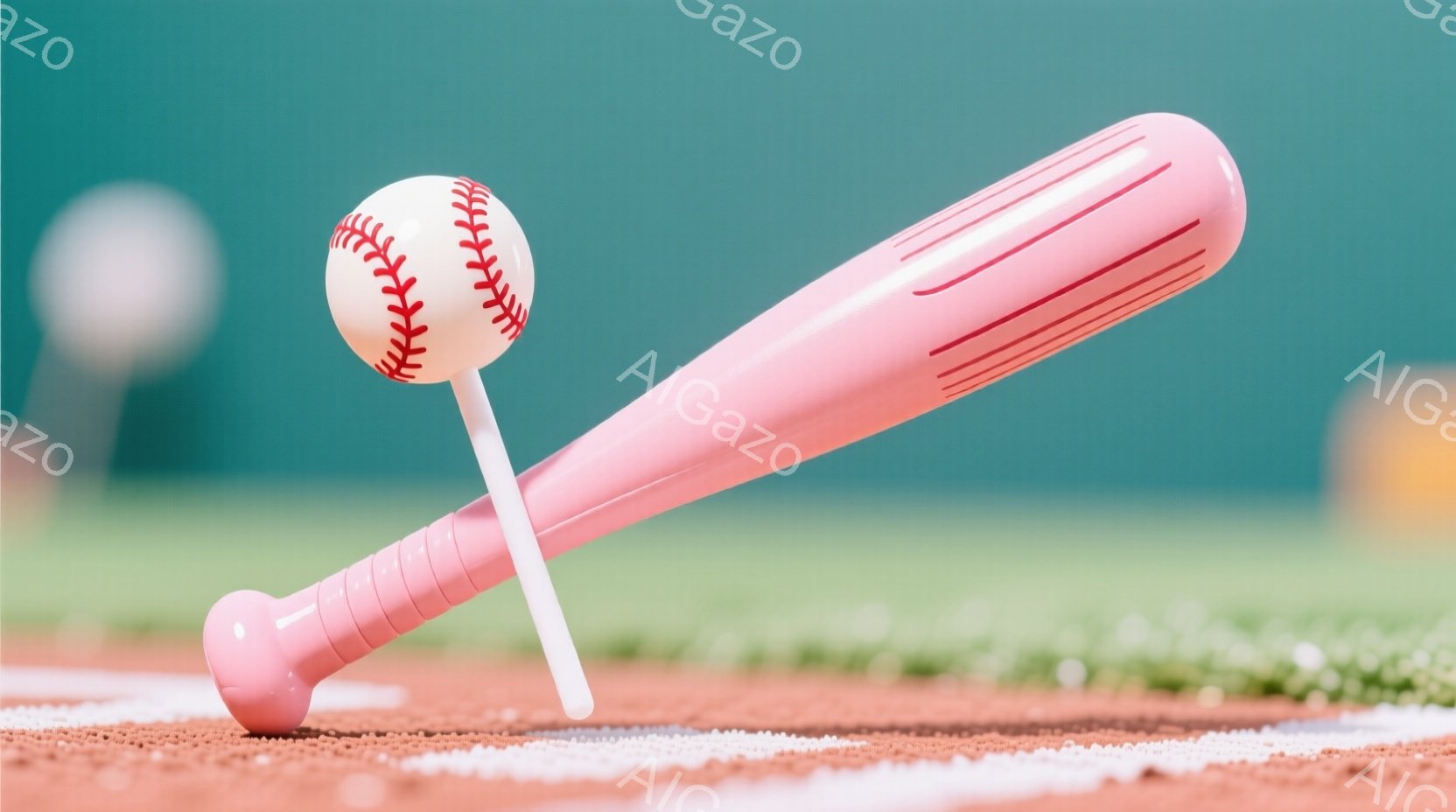 野球のバットとボールが写っています。バットはピンク色で、地面に立てかけられています。背景は緑の芝生と土のグラウンドで、野球場の一部が見えます。