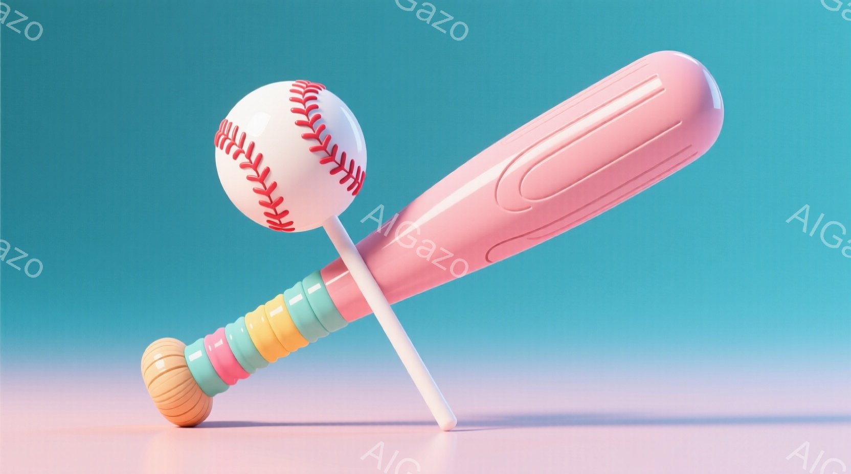 明るいピンク色のバットが、白とベージュのグラデーションの背景に斜めに置かれています。バットのグリップ部分は、オレンジ、水色、黄色、ピンクのストライプになっており、可愛らしい印象を与えます。全体的にパステルカラーで統一されており、ポップで遊び心のある雰囲気が漂っています。