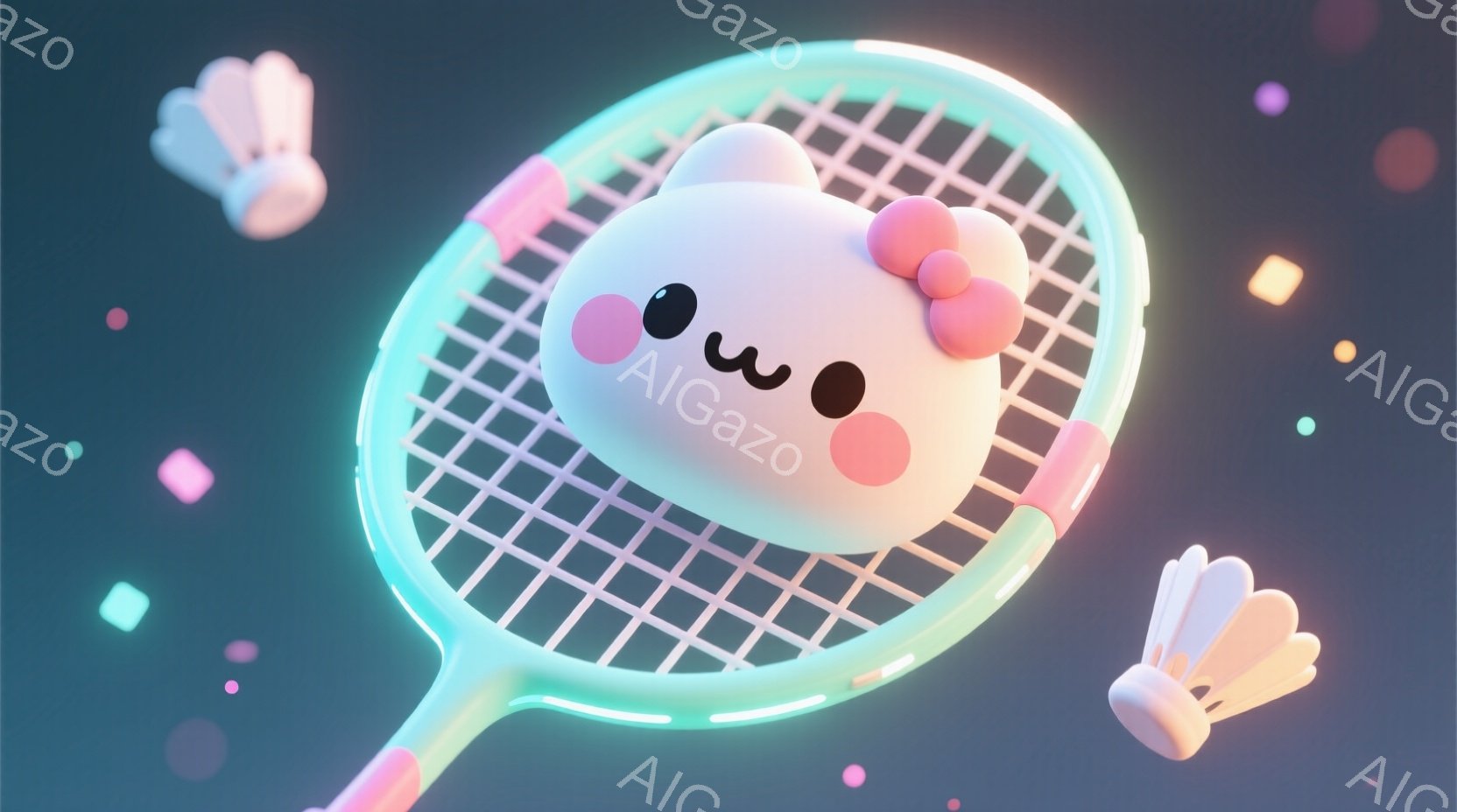 明るい水色のバドミントンラケットの上に、丸くてピンク色の頬を持つ白い生き物が乗っています。この生き物は大きな目を持ち、わずかに微笑んでいるように見えます。背景には、パステルカラーの光とバドミントンのシャトルコックが散りばめられ、夢のような雰囲気を作り出しています。