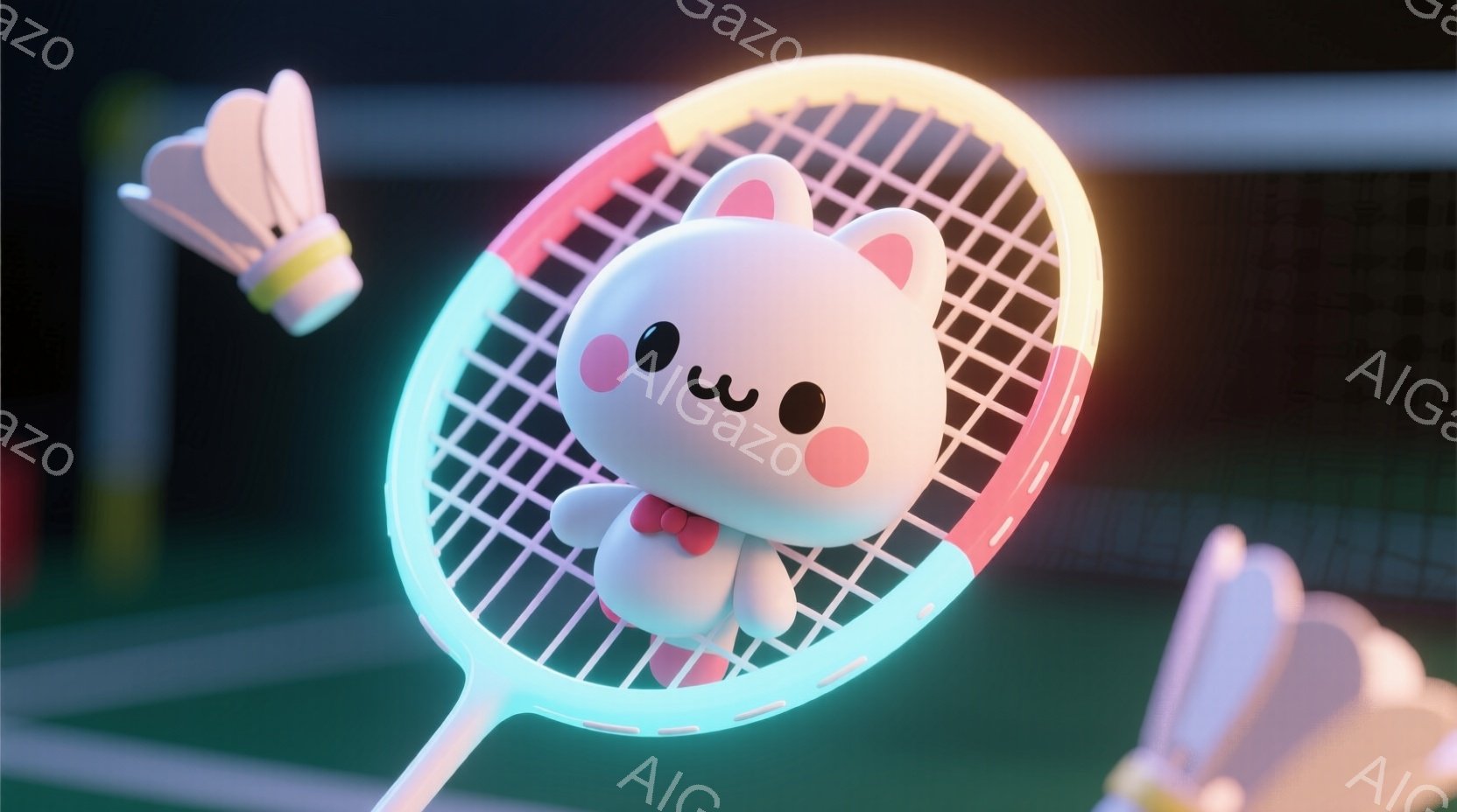 白くて丸い子犬のようなキャラクターが、ピンクと水色の光るバドミントンのラケットの上に座っています。キャラクターは大きな黒い目と赤いリボンで飾られた可愛らしい表情をしており、背景にはグリーンと黒のバドミントンコートと、飛んでいるシャトルコックがいくつか見えます。全体的に明るく、可愛らしい雰囲気で、まるで夢のような世界が表現されています。