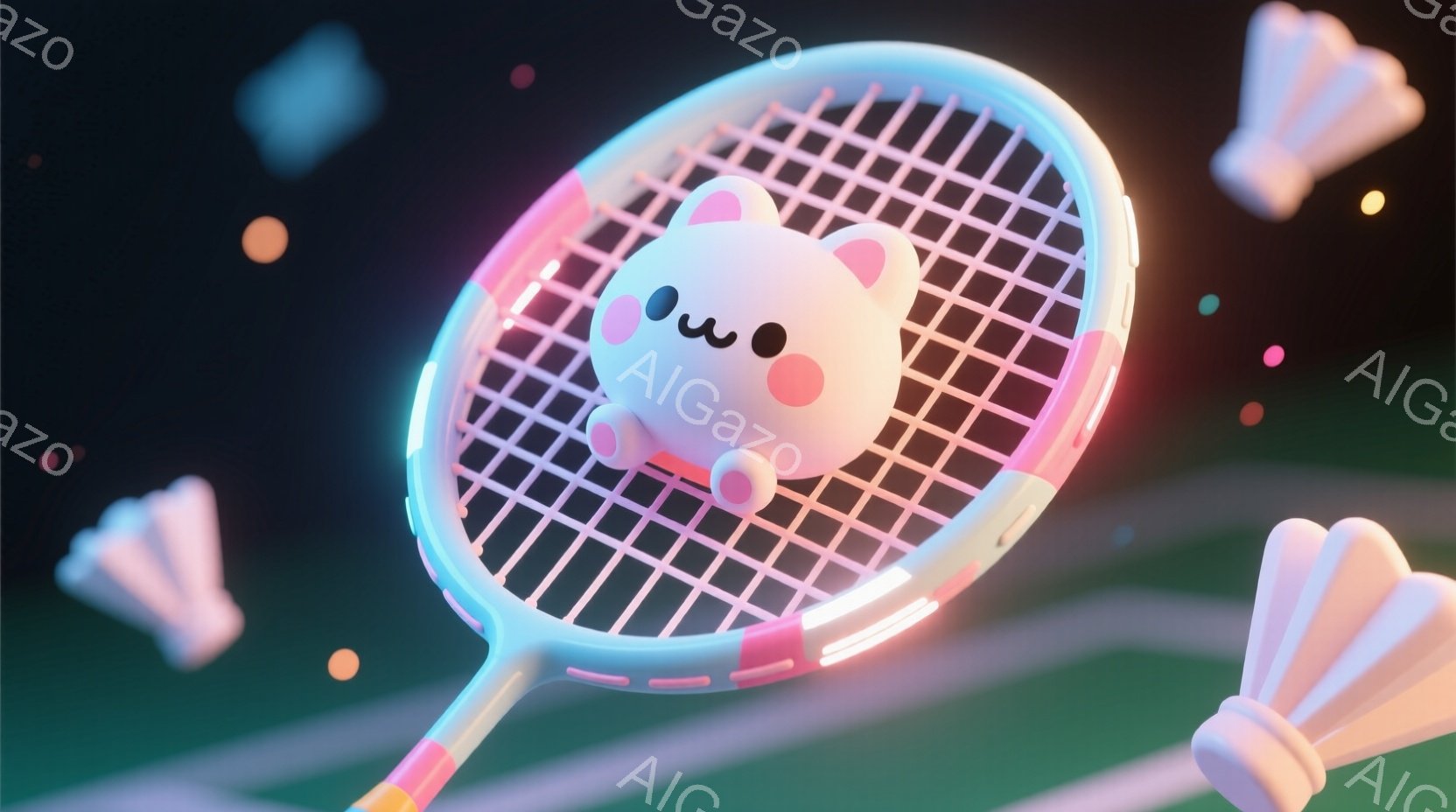 明るい緑色のコートを背景に、ピンクと水色のバドミントンラケットが浮遊しています。ラケットのネット部分には、可愛らしいピンク色の丸い顔をしたキャラクターが描かれており、つぶらな瞳と小さな口で愛らしい表情をしています。背景には、ぼやけた羽根状のオブジェクトと小さな光の粒が散りばめられ、遊び心のある雰囲気を作り出しています。