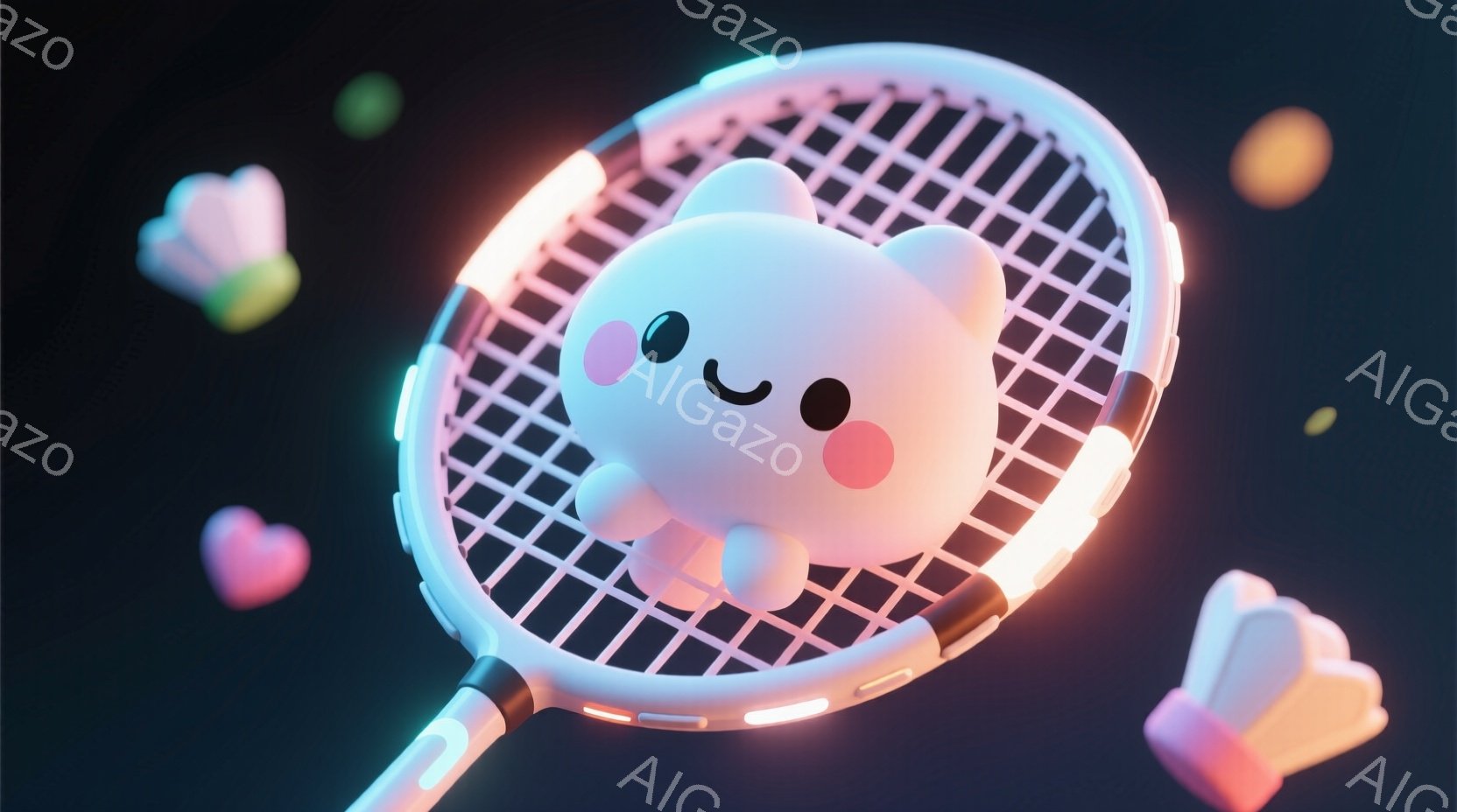 白くて丸いキャラクターが、バドミントンのラケットの中に可愛らしく座っています。キャラクターはピンクのチークと黒い点状の目を持っており、穏やかな笑顔を浮かべています。背景は暗く、パステルカラーのシャトルコックが散りばめられ、幻想的な雰囲気を醸し出しています。