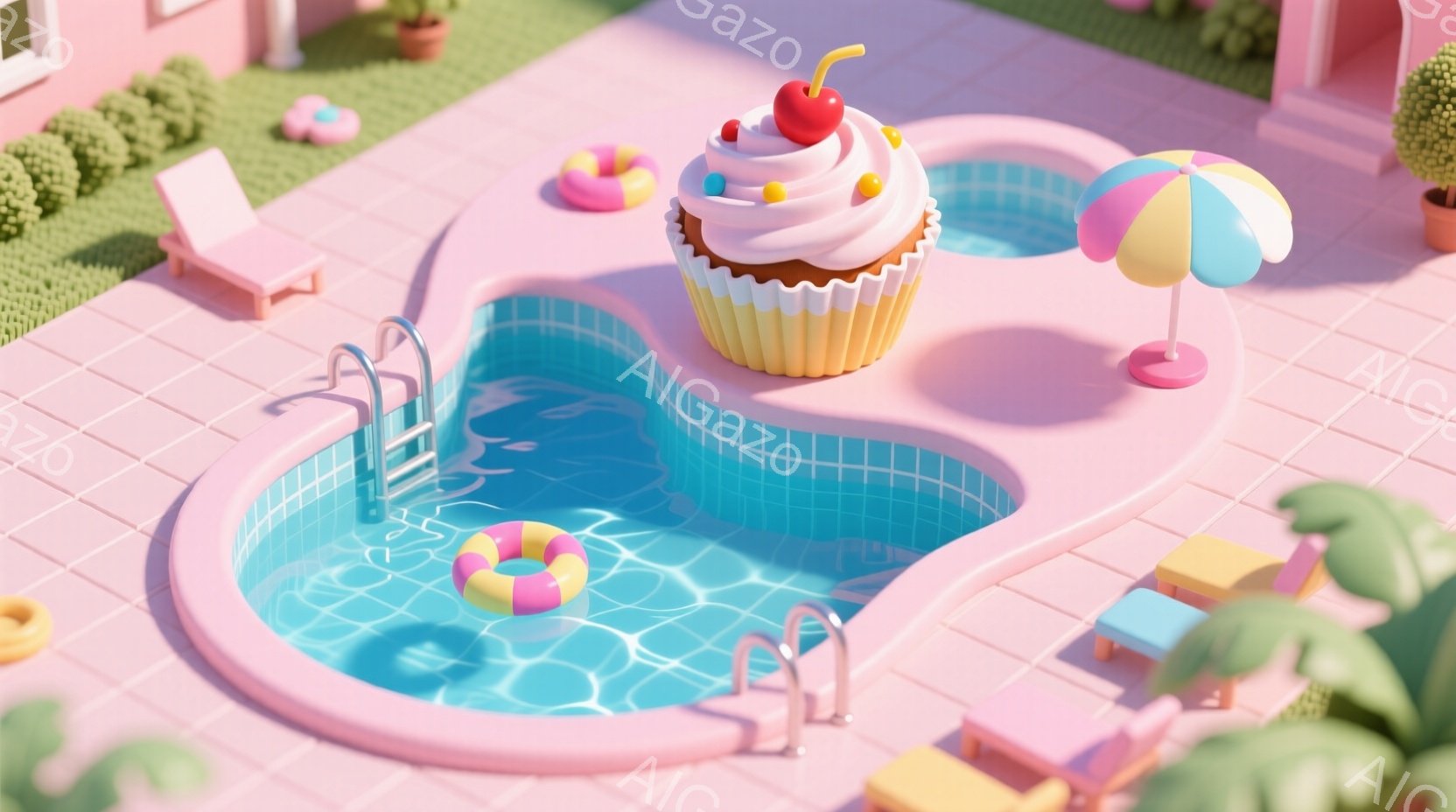 ピンク色のタイル張りのプールサイドには、カラフルなビーチパラソルとデッキチェアが配置され、フロートがプールに浮かんでいます。プールの中央には巨大なカップケーキが置かれており、まるでファンタジーのような世界観を表現しています。全体的にパステルカラーで統一されており、明るく可愛らしい雰囲気が漂っています。